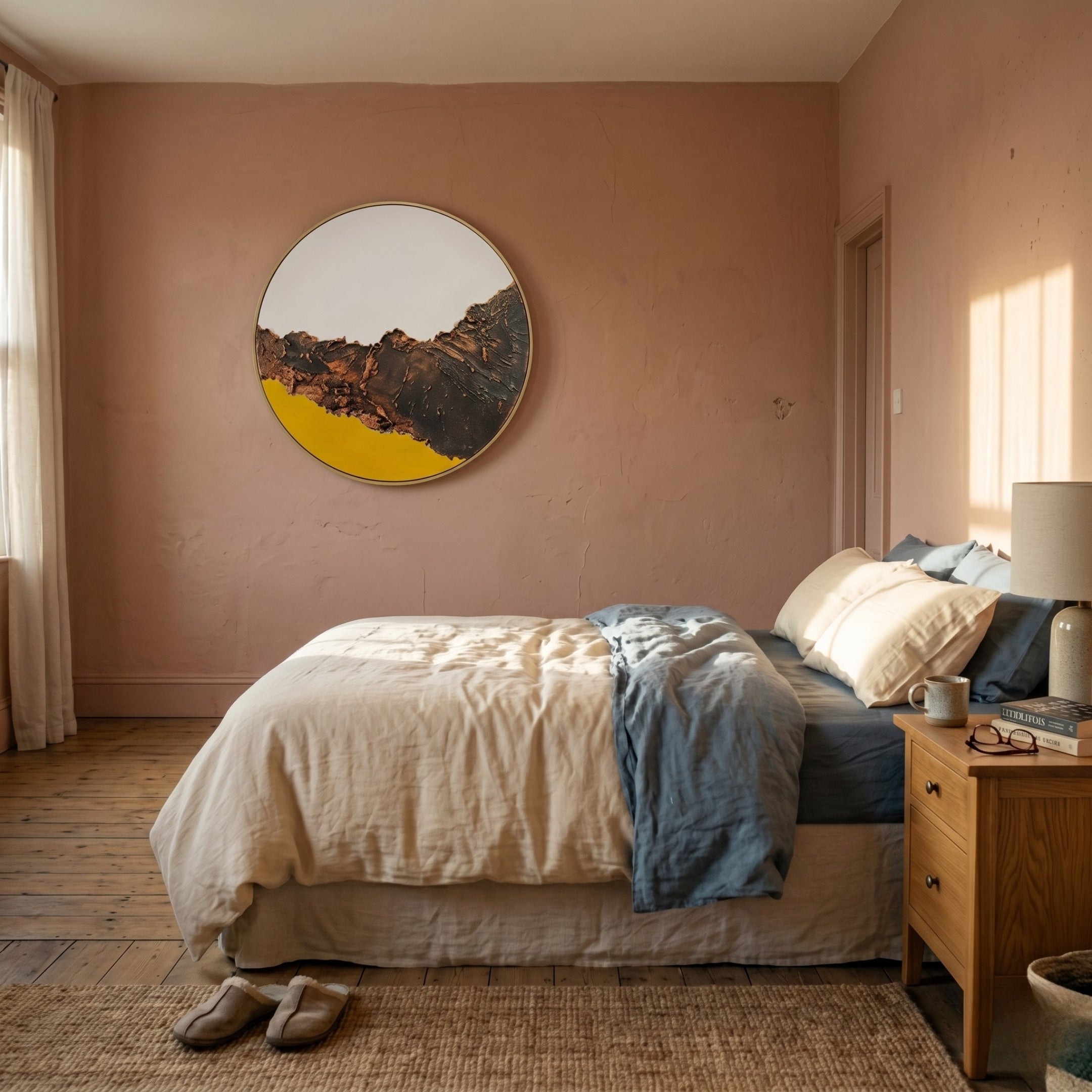 A cozy bedroom with pink walls, a neatly made bed in beige and blue, a wooden nightstand with books, slippers on a woven rug, and the Auralune Golden Ridge Abstract Round 3D Wall Art by Giant Sculptures above the bed. Sunlight filters through sheer curtains.