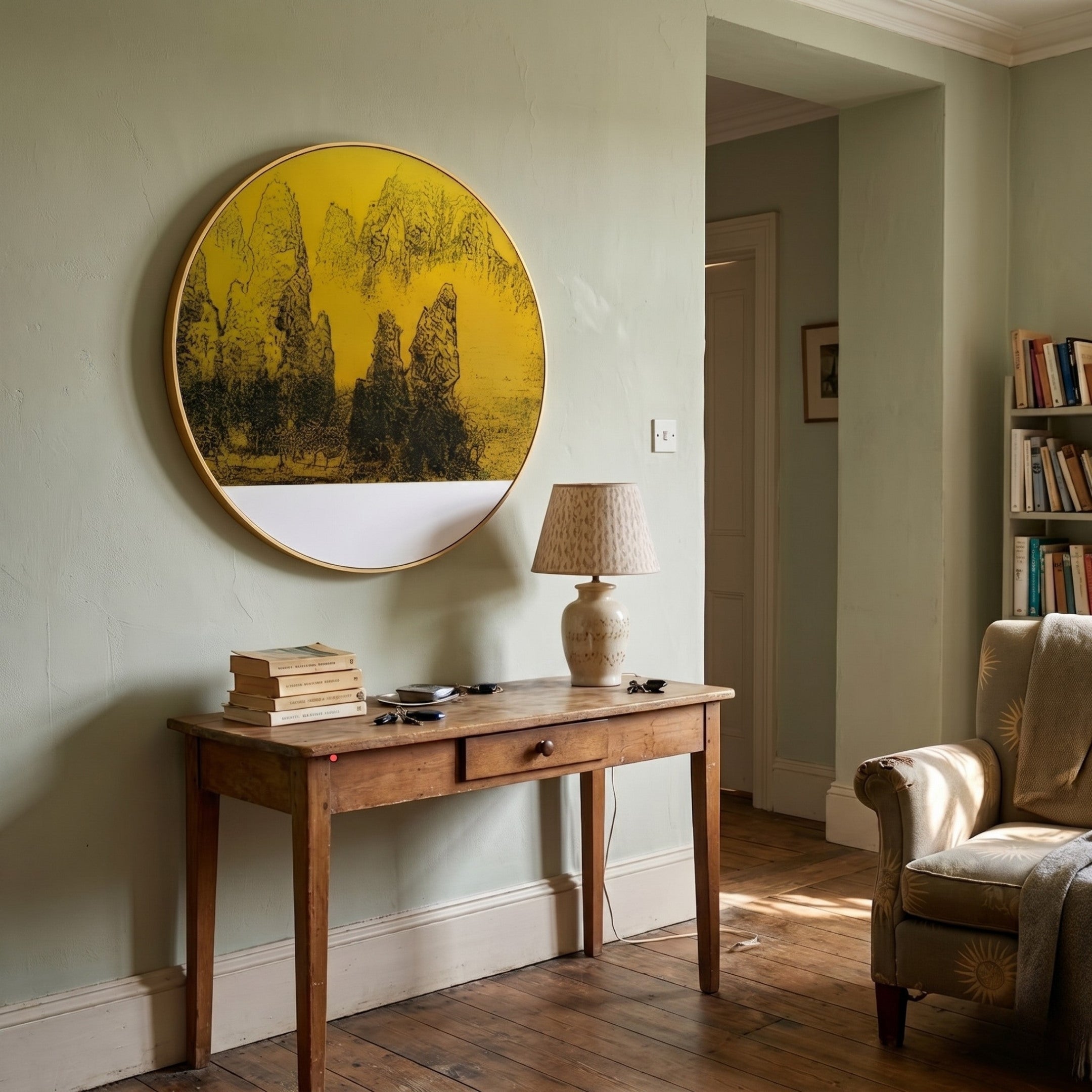 A cozy room features a wooden table against a pale green wall, topped with books and a lamp. Above hangs the Giant Sculptures Auralune Golden Peaks View Landscape Round 3D Wall Art. An armchair and bookshelf complete the modern decor.
