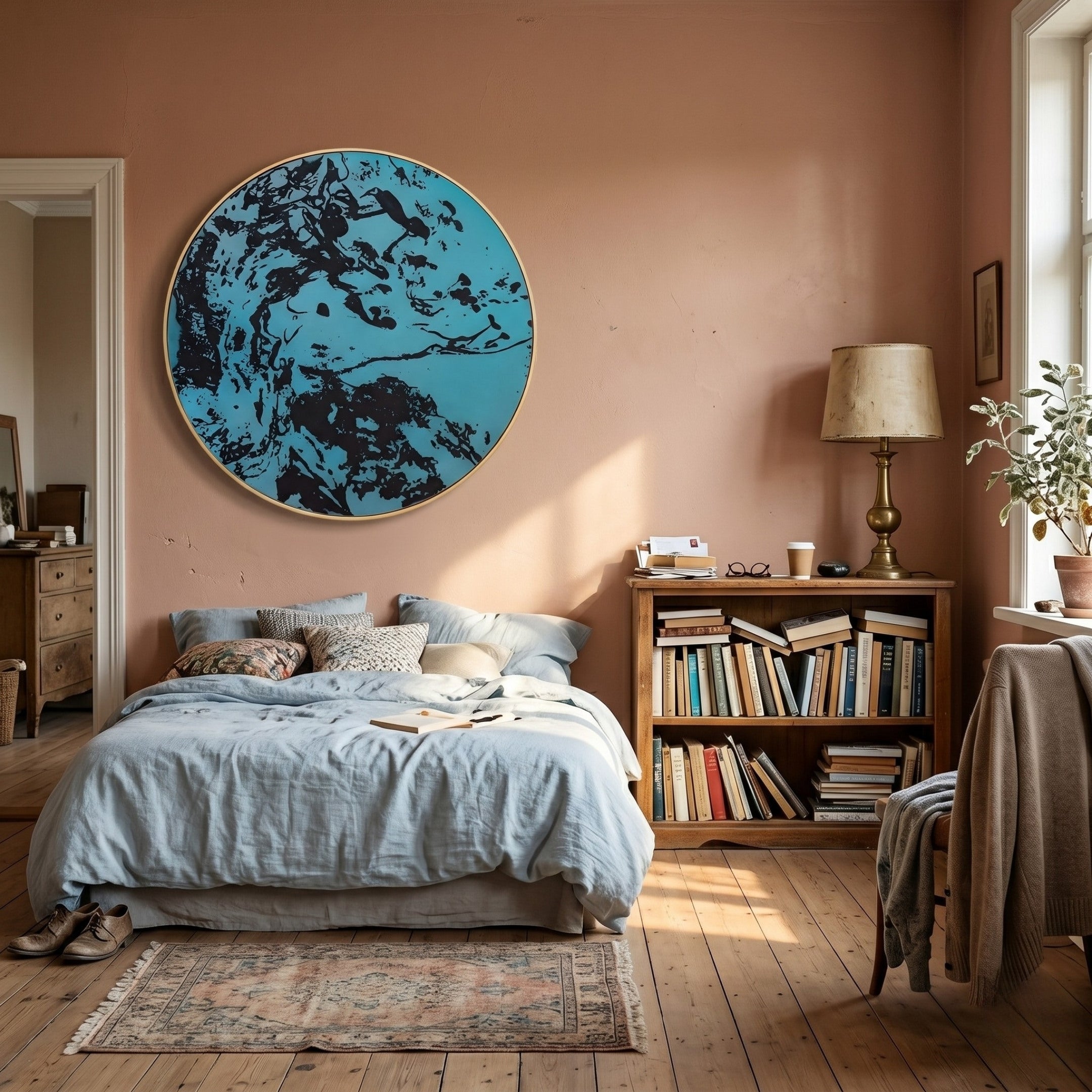 A cozy bedroom with a low bed, blue-gray bedding, and sunlight streaming onto wooden floors features the Auralune Black & Aqua Flow Abstract Round 3D Wall Art by Giant Sculptures on a pink wall, plus a small bookshelf and vintage lamp.