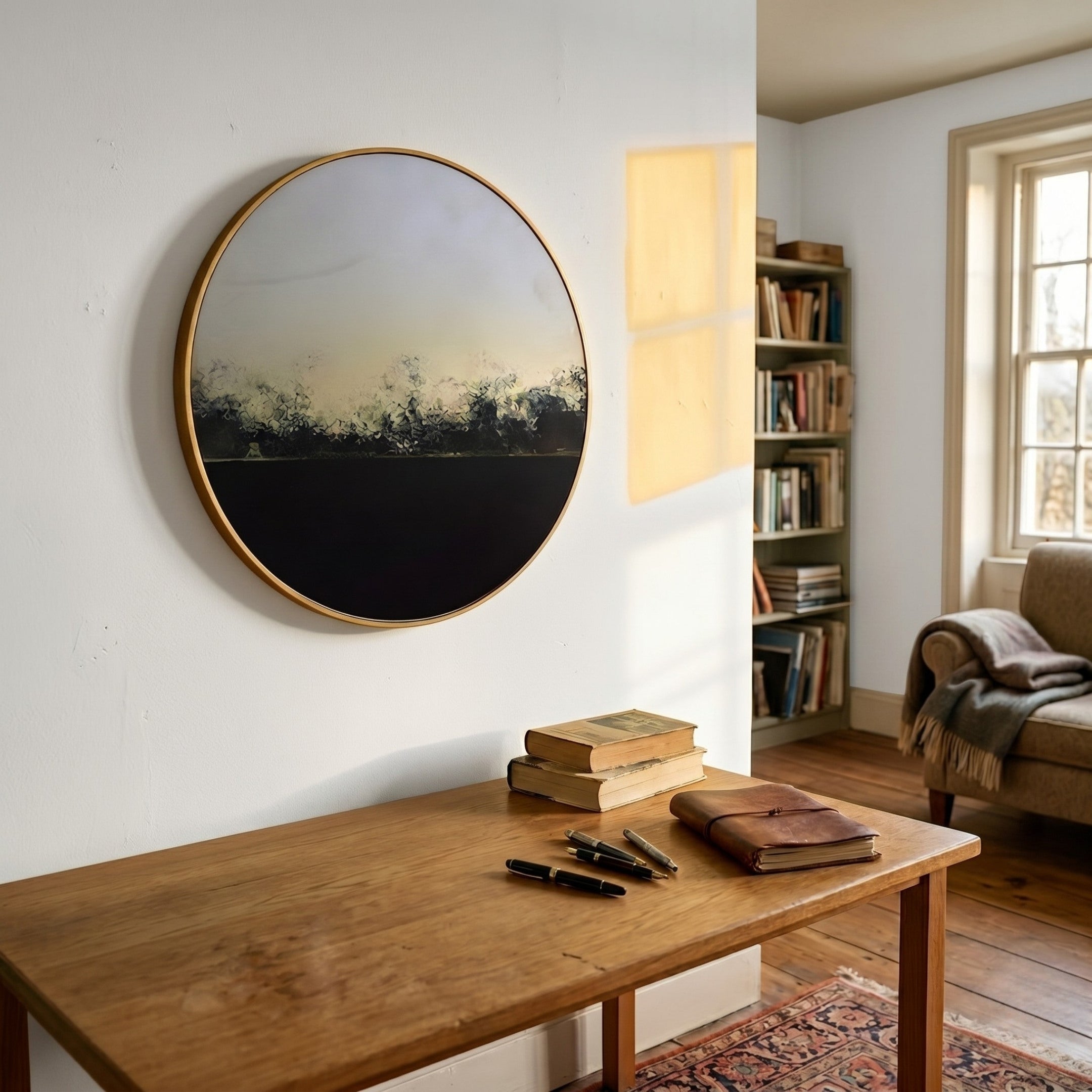 The Auralune Dusk Line Gradient Abstract Round 3D Wall Art by Giant Sculptures hangs on a white wall above a wooden desk with books and pens. Sunlight streams in, illuminating the cozy corner with a chair and bookshelf.