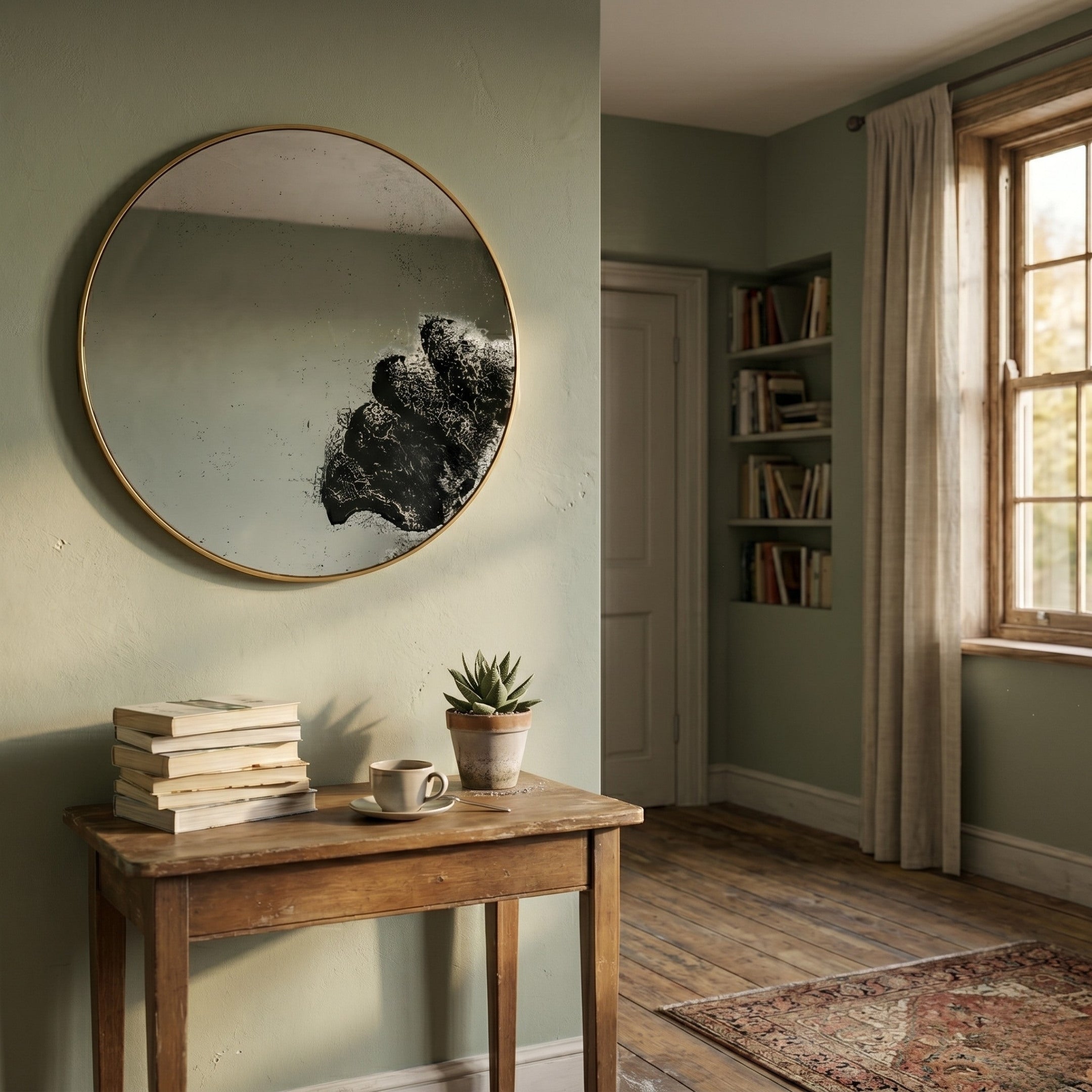 A cozy room features a wooden table with books, a mug, and a plant beneath the Auralune Ink Drift Abstract Round 3D Wall Art by Giant Sculptures; bookshelves and beige-curtained windows complete the scene.