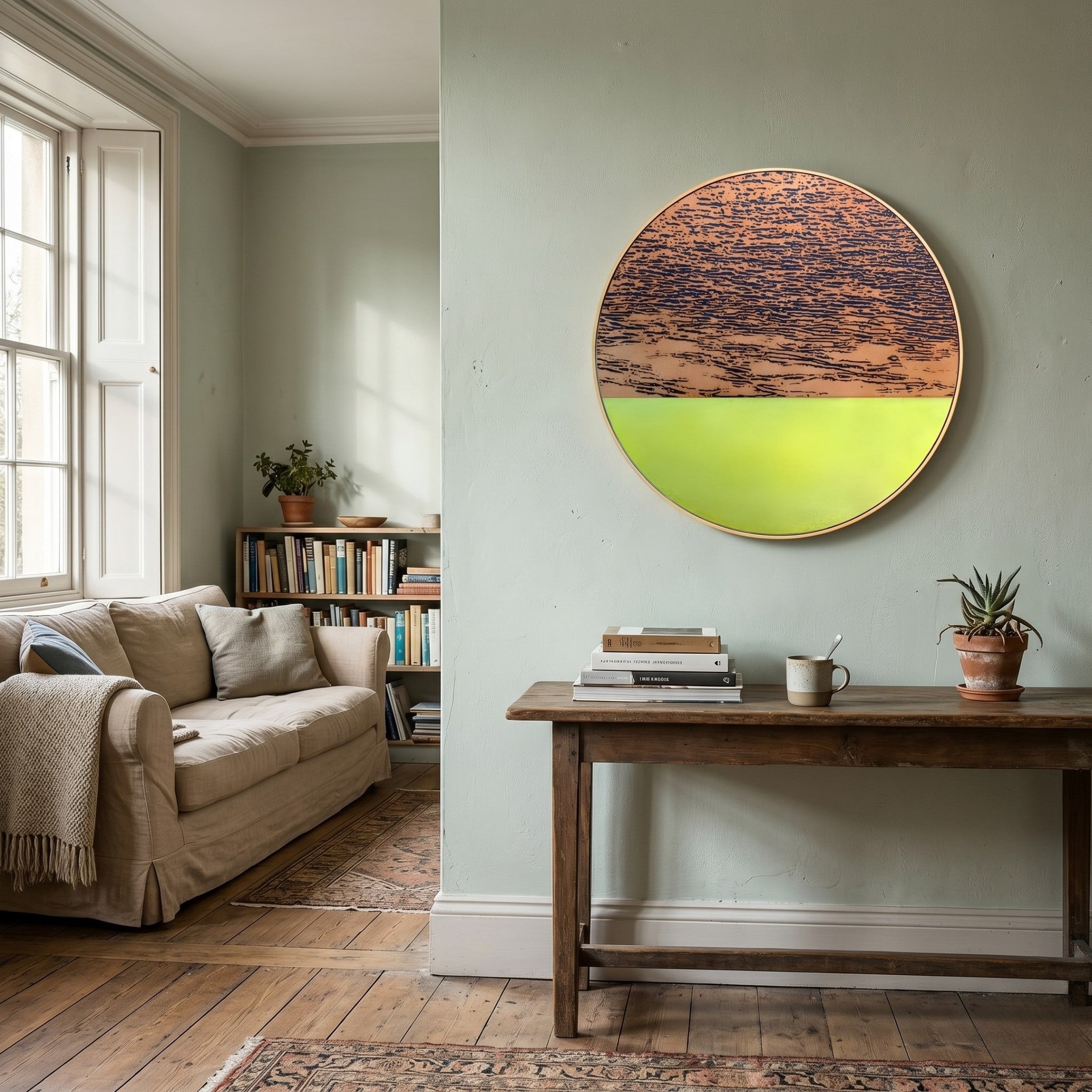 A cozy living room with a beige sofa, bookshelves, potted plants, and a wooden table. The Auralune Copper & Lime Glow Abstract Round 3D Wall Art by Giant Sculptures hangs on a light green wall as sunlight streams in.