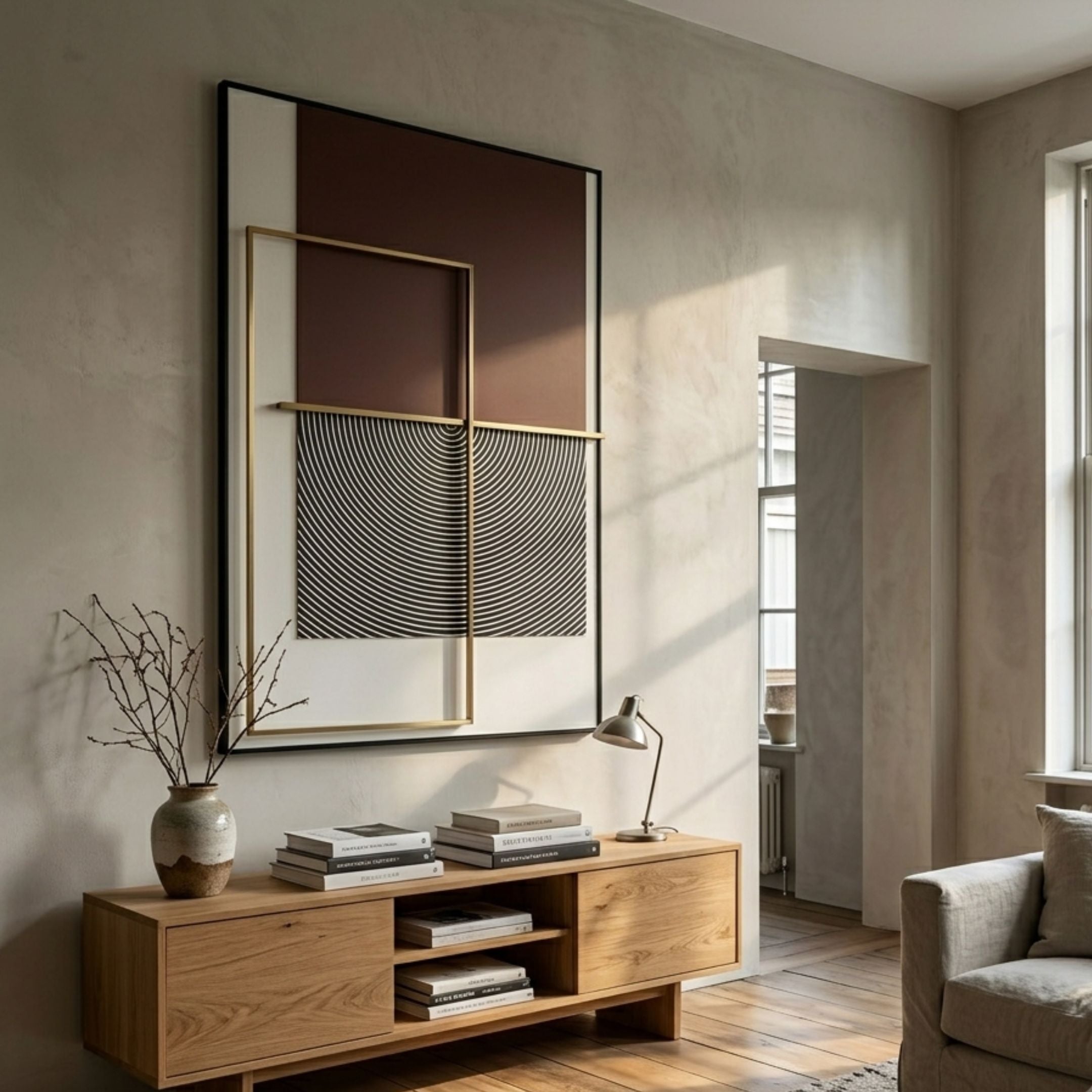 Optique Spiral Black & Red Rectangular Wall Art by Giant Sculptures displayed above an oak console with books, vase, and lamp in a sunlit living room.