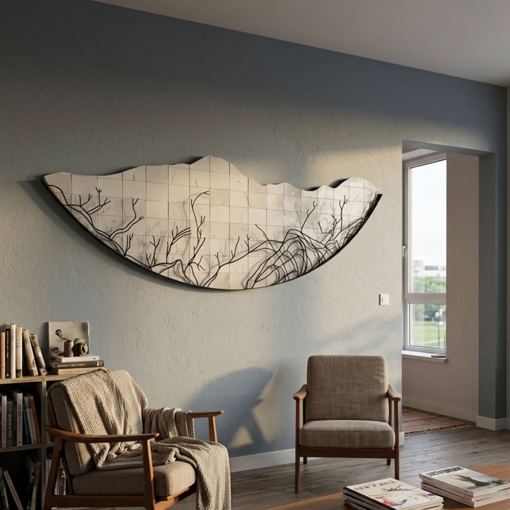 Arcana Beige Woodland Mosaic Half-Moon 3D Wall Art by Giant Sculptures mounted above two mid-century armchairs in a living room with bookshelf and window.