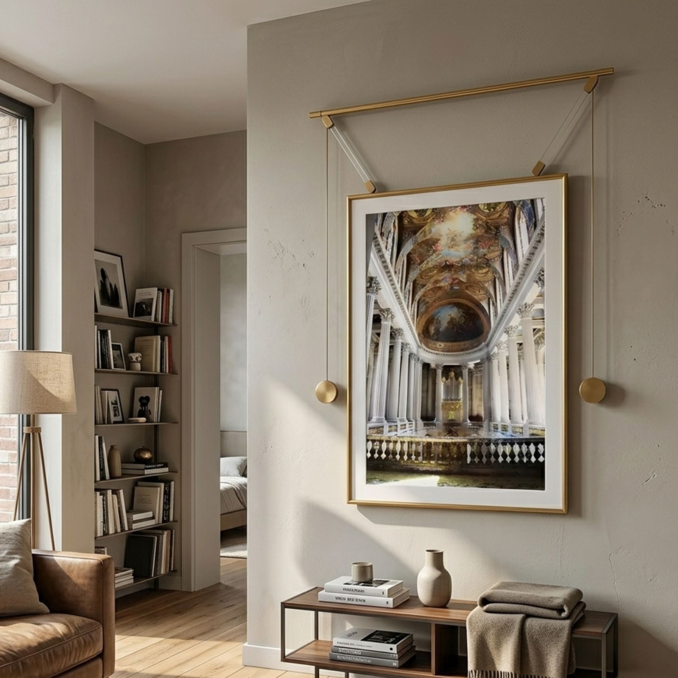 Aristo Grand Cathedral Painting Gold Frame Hanging Wall Art by Giant Sculptures, suspended on gold rods above a console in a neutral living room.