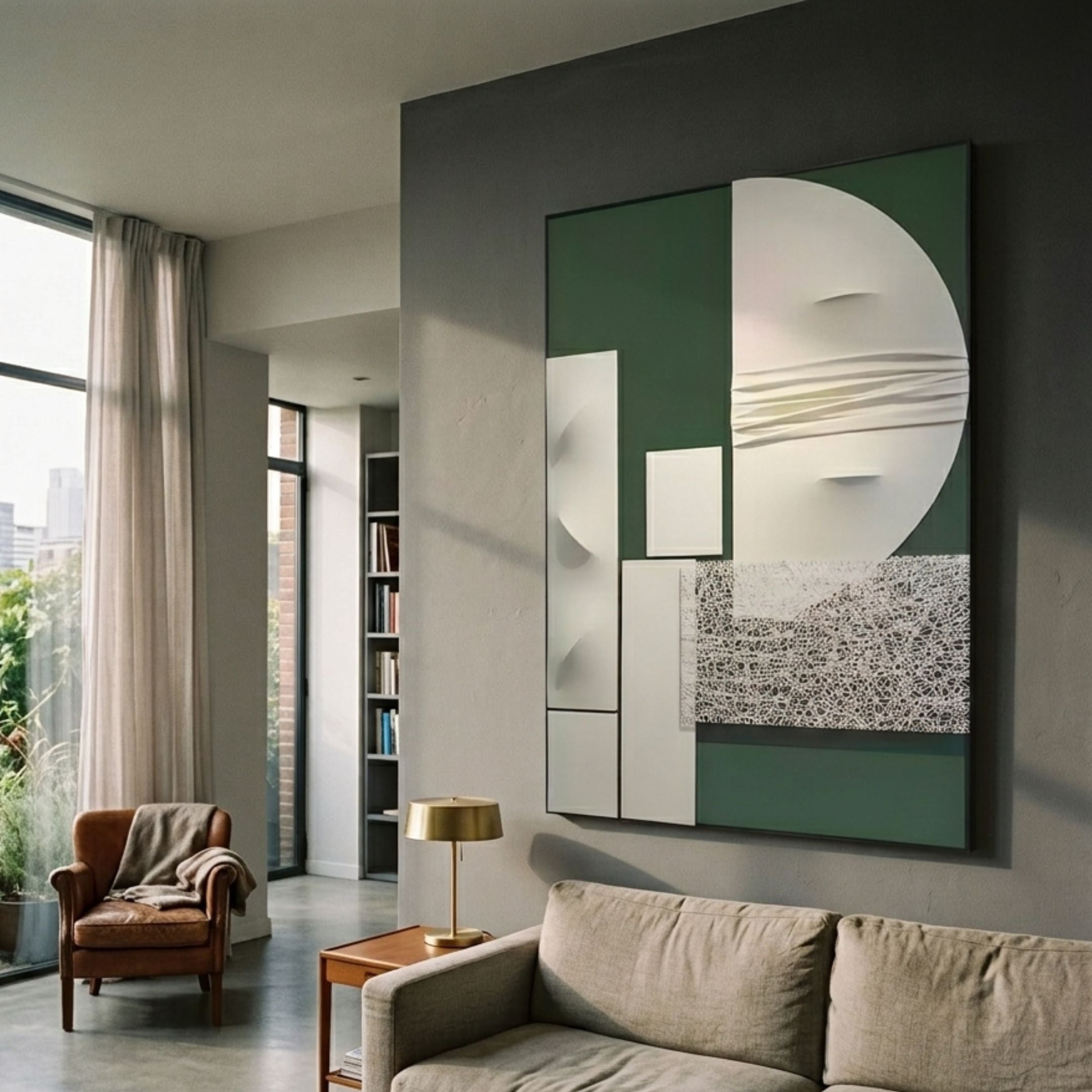 Opus Green & White Geometric Web Textured Leather 3D Wall Art by Giant Sculptures displayed in a modern living room above a beige sofa and leather armchair.