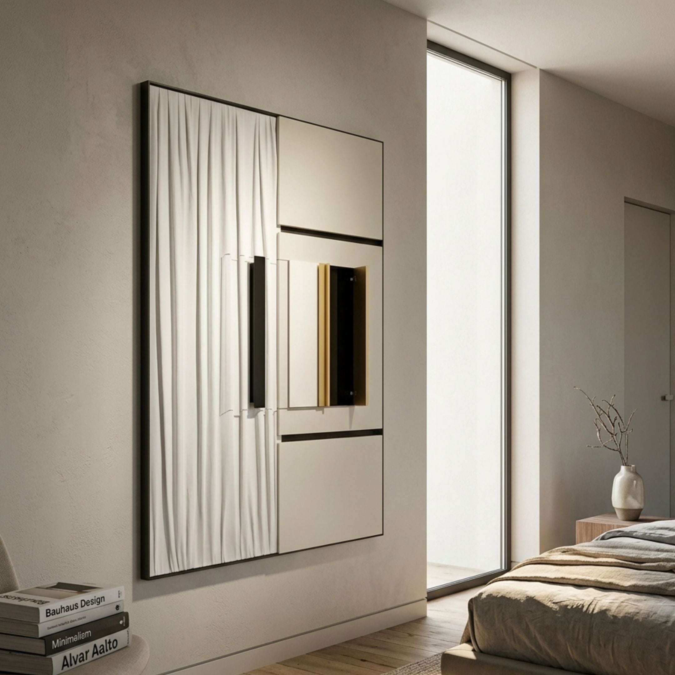 Opus White & Gold Accent Abstract Panel Leather 3D Wall Art by Giant Sculptures mounted on a cream bedroom wall beside a tall window and neutral bed.
