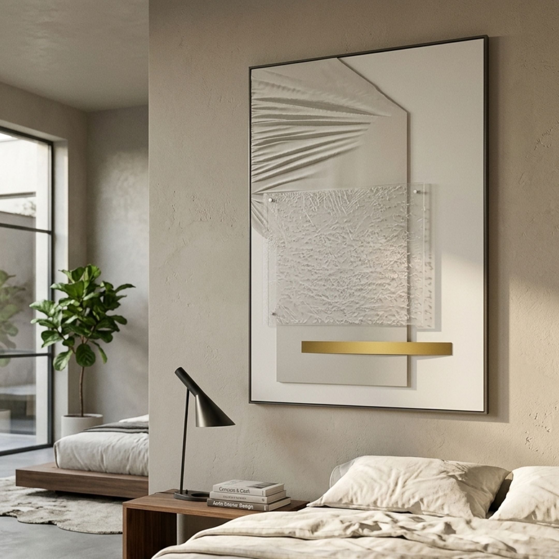 Opus White & Gold Accent Clean Geometric Leather 3D Wall Art mounted above a wooden nightstand in a neutral bedroom with a fiddle-leaf fig and black lamp.