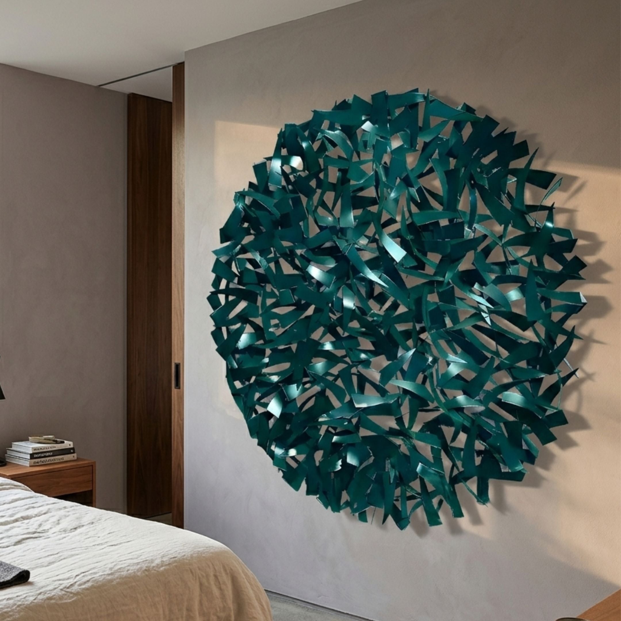 Eclat Sphere Teal Blue Abstract Metal Wall Art by Giant Sculptures displayed above a wood nightstand in a modern bedroom with a linen-dressed bed.