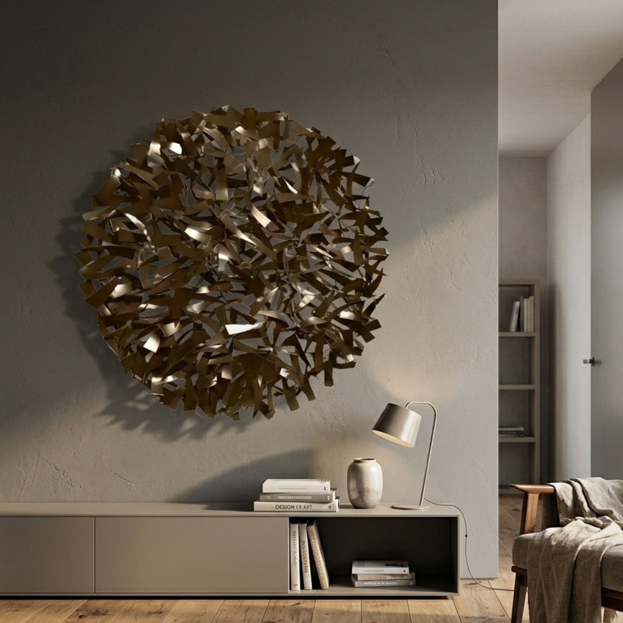 Eclat Sphere Bronze Abstract Metal Wall Art by Giant Sculptures displayed above a grey media console with a table lamp, vase, and books in a modern living room.