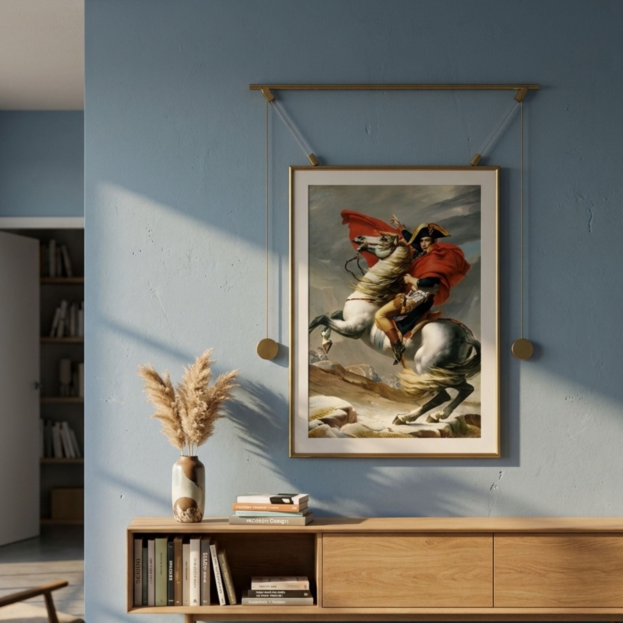 Giant Sculptures Aristo Napoleon On Horseback Painting hangs from a polished gold rod on a pale blue wall above an oak console with pampas grass and books.