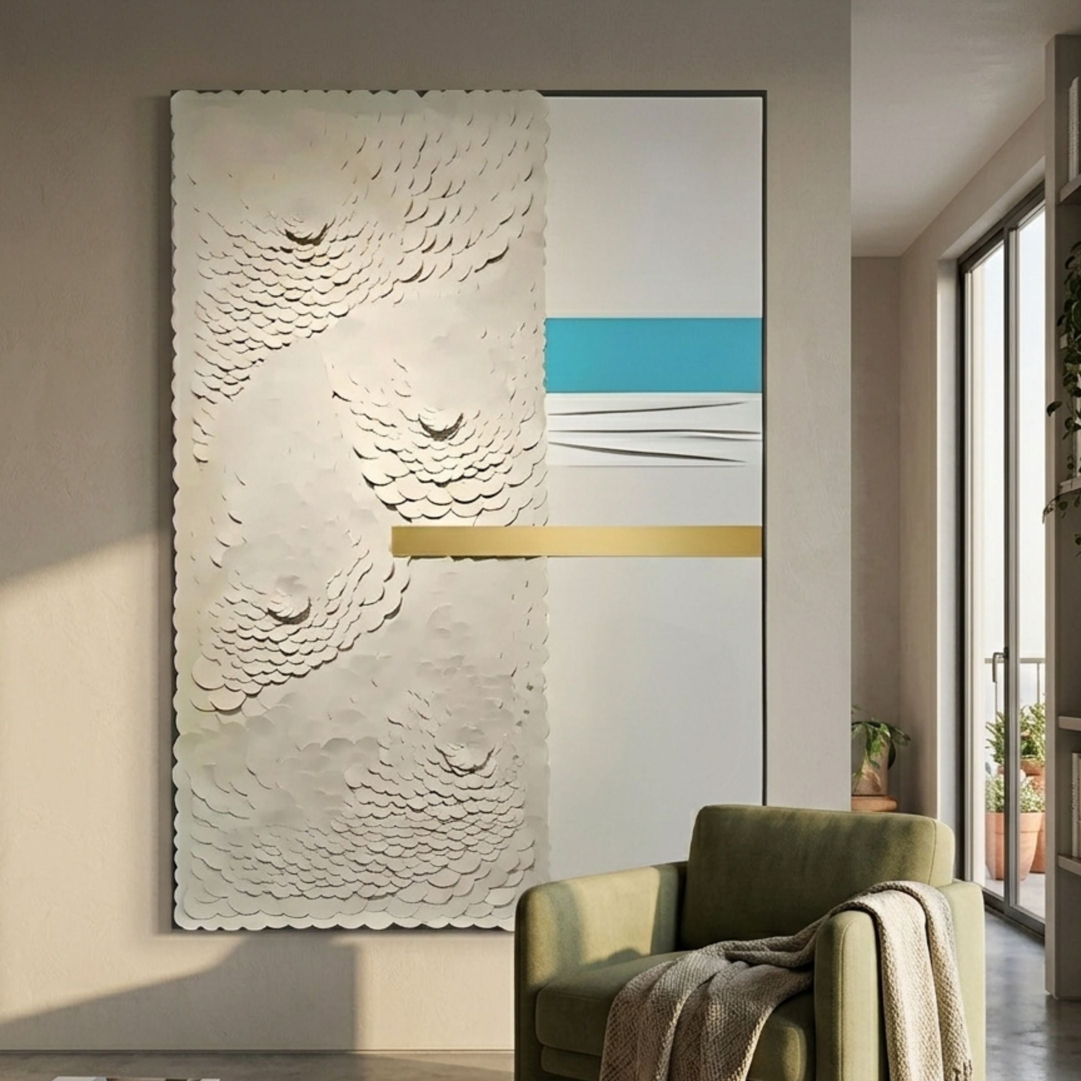 Opus White & Gold Accent Scaled Textured Leather 3D Wall Art mounted in a modern living room above a green armchair, with layered white scales and blue-gold bars.