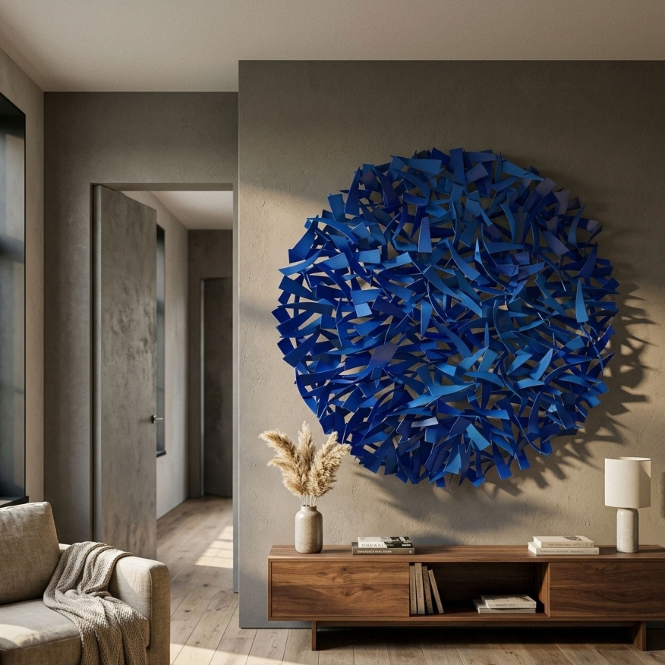 Eclat Sphere Blue Abstract Metal Wall Art by Giant Sculptures displayed above a walnut console with pampas grass and lamp in a modern living room.