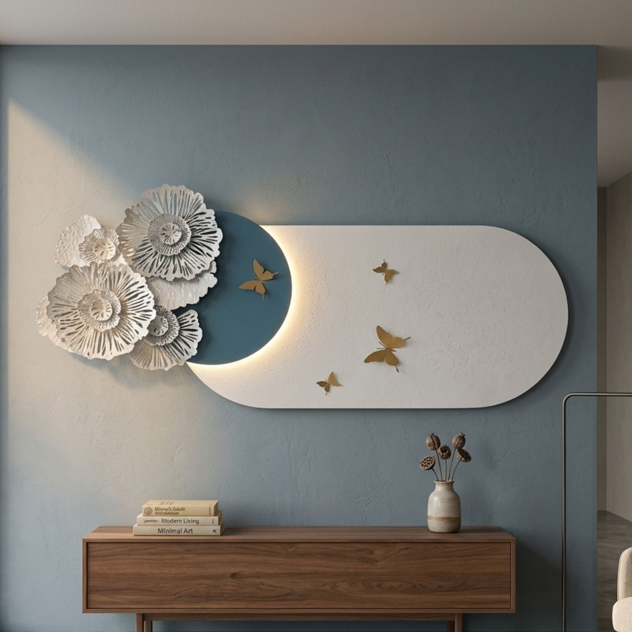 Flutter Bloom Blue Butterfly Floral 3D Wall Art by Giant Sculptures, oval panel with white sculpted flowers, gold butterflies and LED halo above a walnut console.