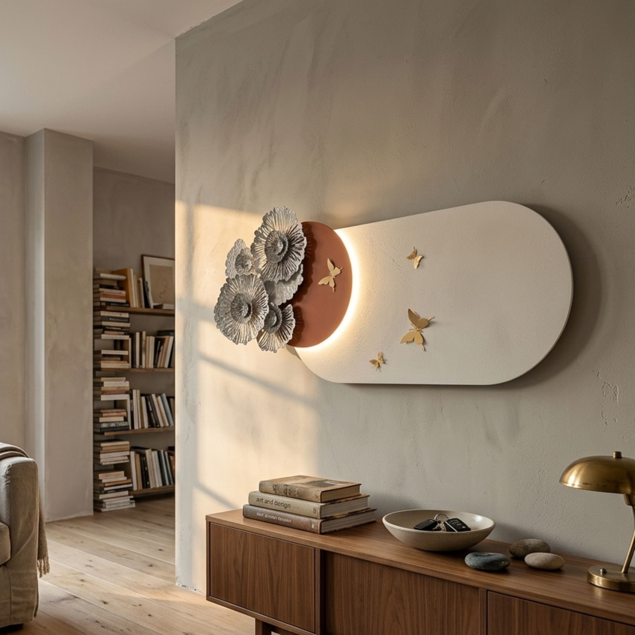 Flutter Bloom Terracotta Butterfly Floral 3D Wall Art mounted on a cream wall above a wooden console in a sunlit living room with bookshelves nearby.