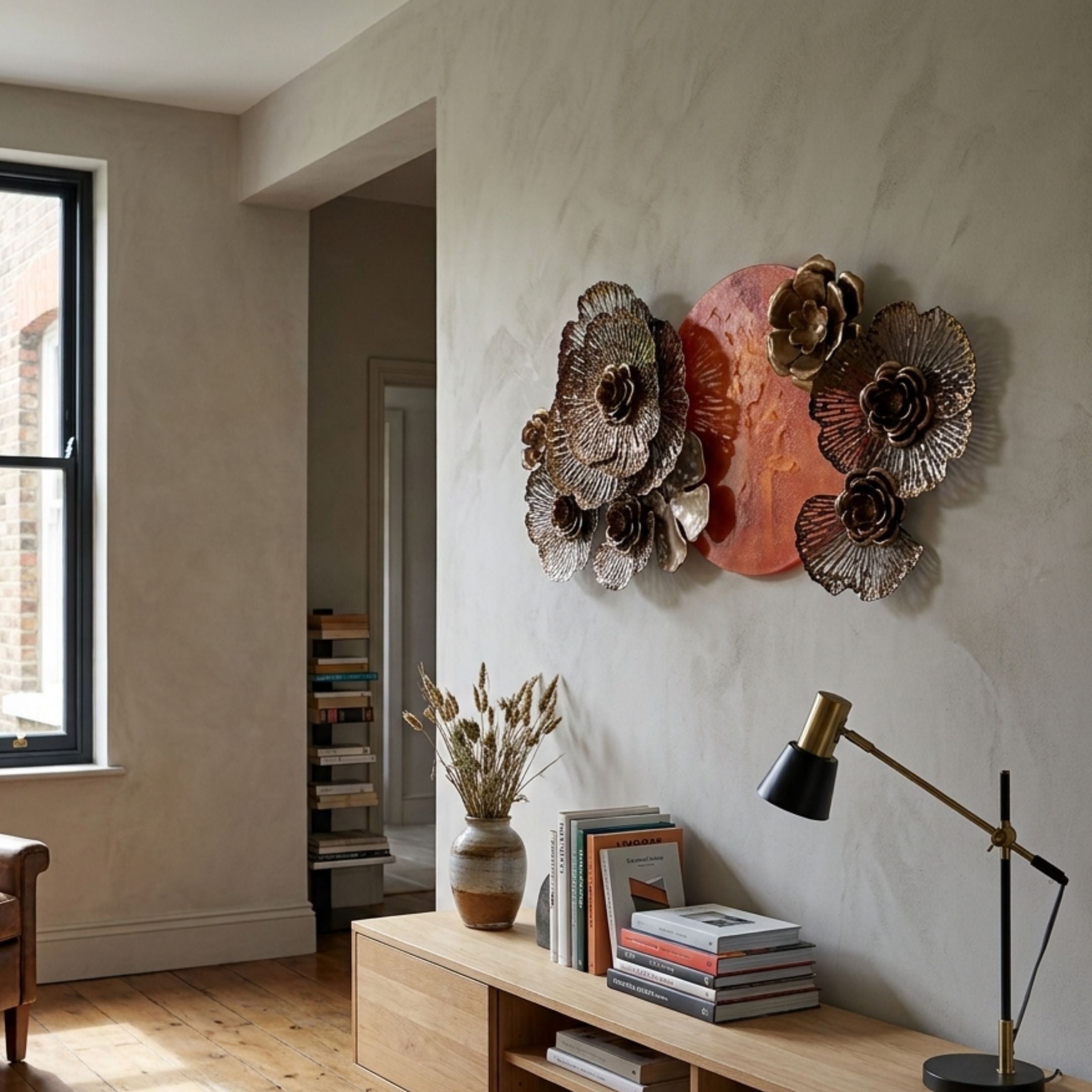 Luminis Bloom Red Floral Metal Wall Art by Giant Sculptures, bronze and gold sculpted flowers on a red sun disc, mounted above a wood console in a living room.