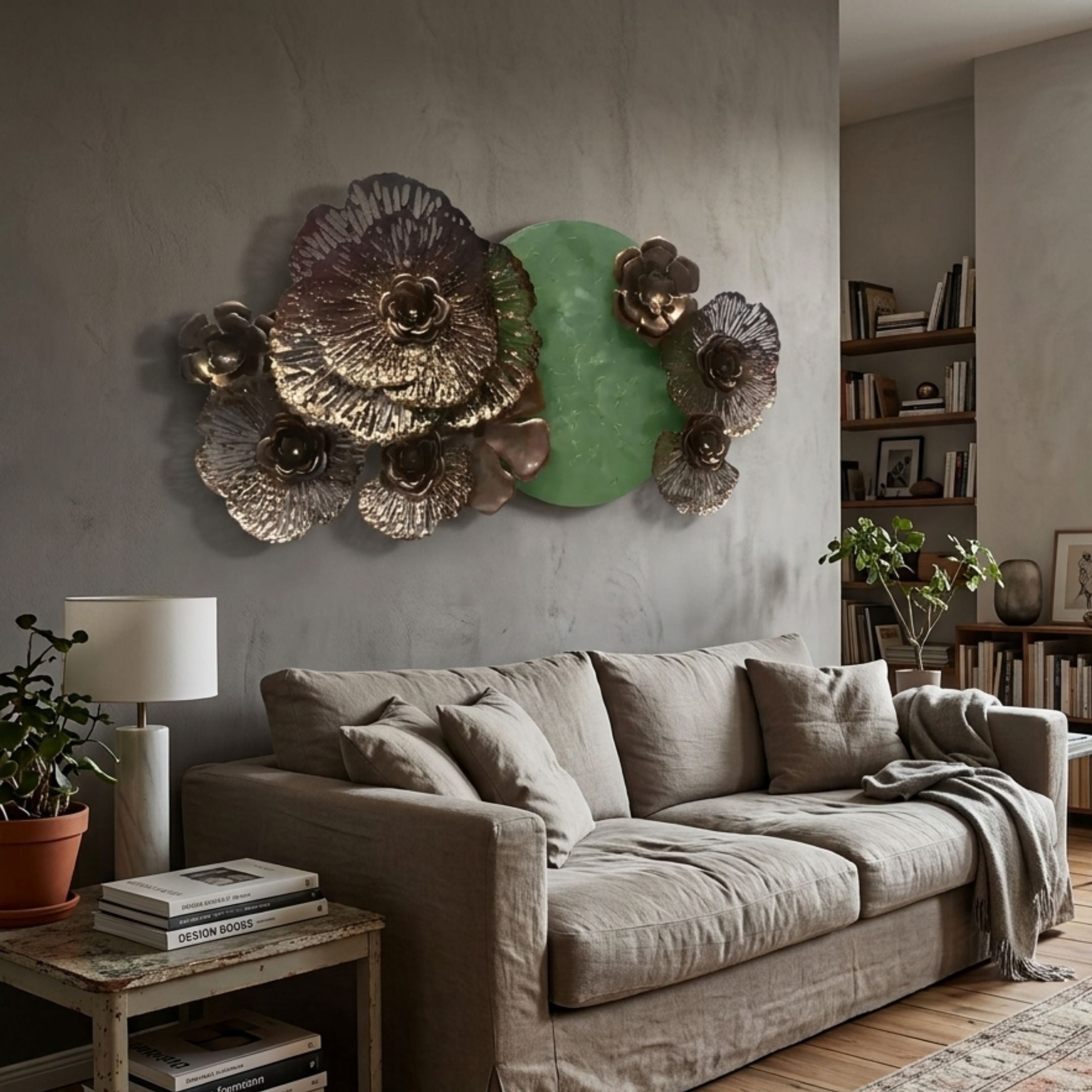 Luminis Bloom Green Floral Metal Wall Art by Giant Sculptures with gold and bronze petals around a textured green centre, above a linen sofa in a living room.