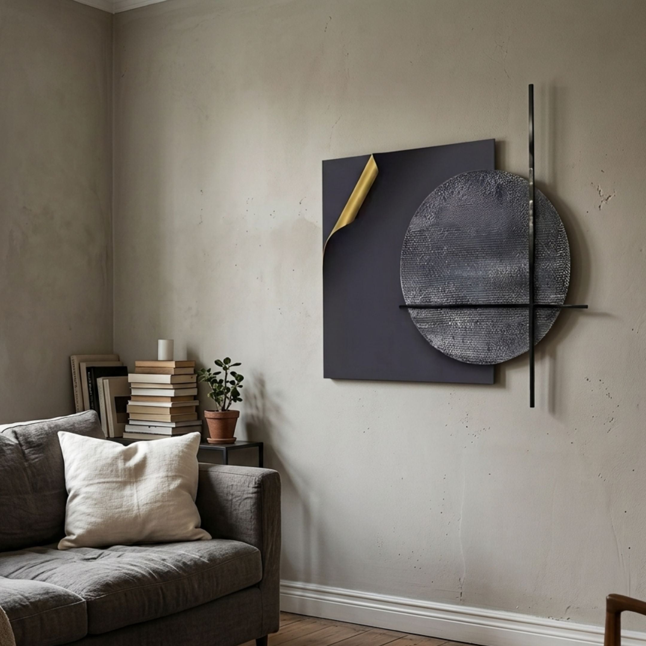 Tesselle Black Metal Fold & Grey Textured Geometric Wall Art by Giant Sculptures displayed above a grey sofa with books and a potted plant.