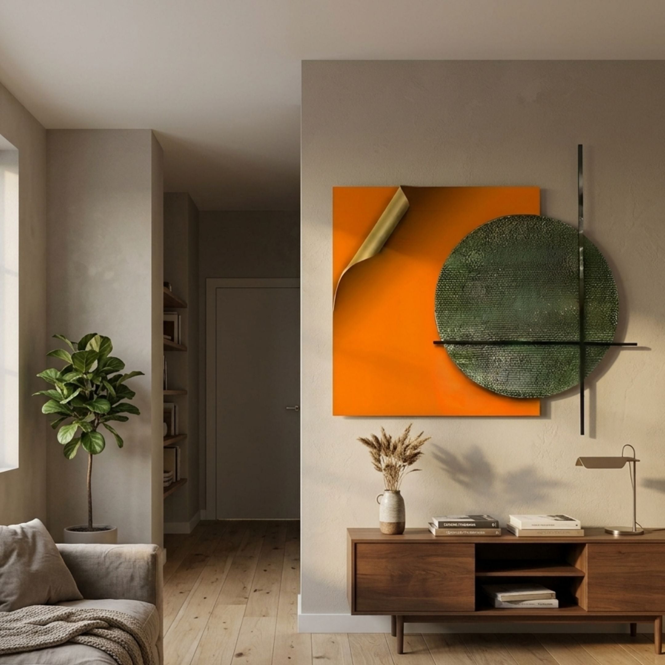 Tesselle Orange Metal Fold & Green Textured Geometric Wall Art mounted above a walnut sideboard in a neutral living room with a fiddle-leaf fig nearby.