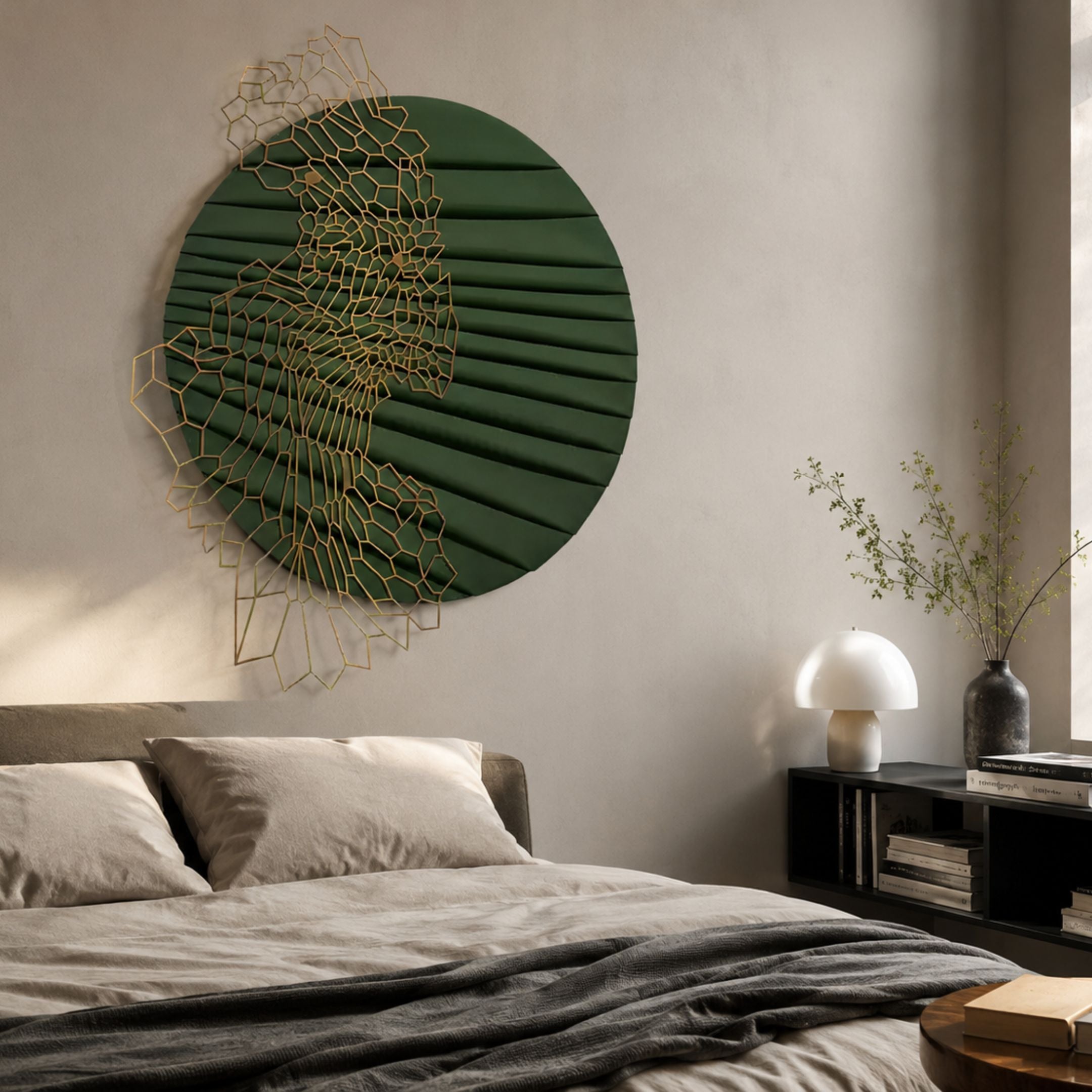 Auramesh Forest Green-I Metal Winged Circular Geometric Wall Art by Giant Sculptures mounted above a bed with linen bedding, mushroom lamp, and black shelf.