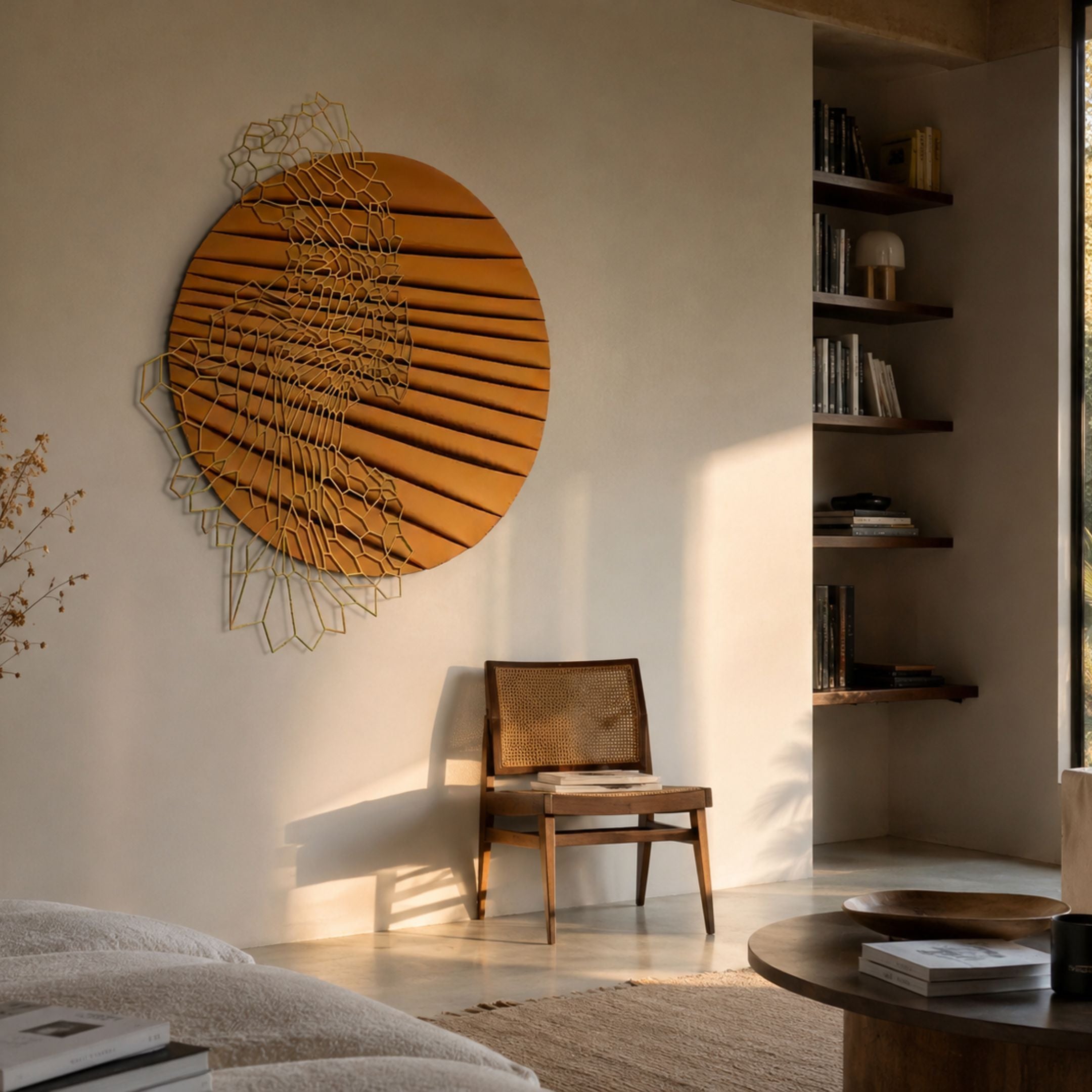 Auramesh Sunset Orange-I Metal Winged Circular Geometric Wall Art by Giant Sculptures displayed above a cane chair in a warm-toned living room with bookshelves.