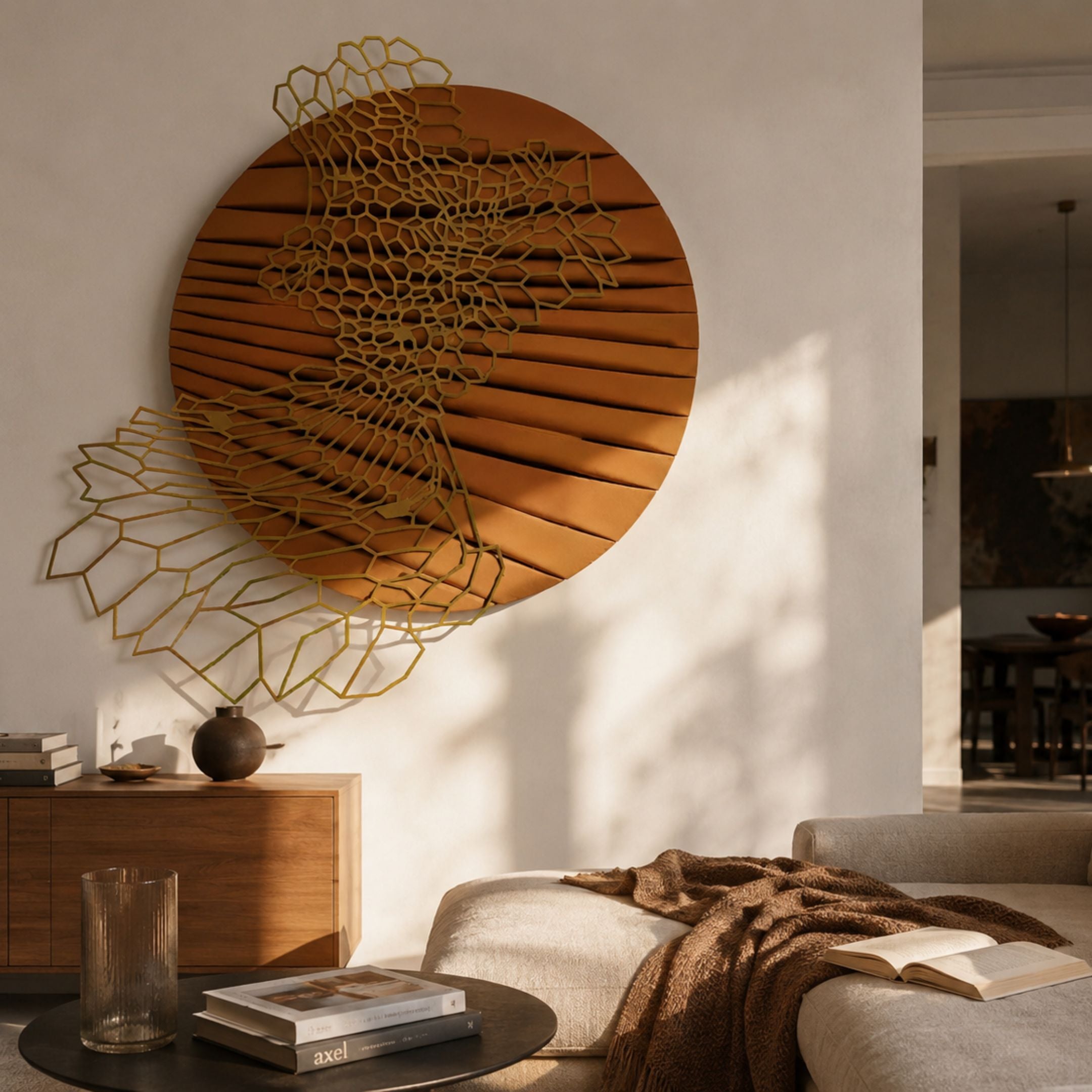 Auramesh Sunset Orange-II Metal Wall Art with pleated bronze disc and gold geometric wings mounted above a wooden console in a warm living room.