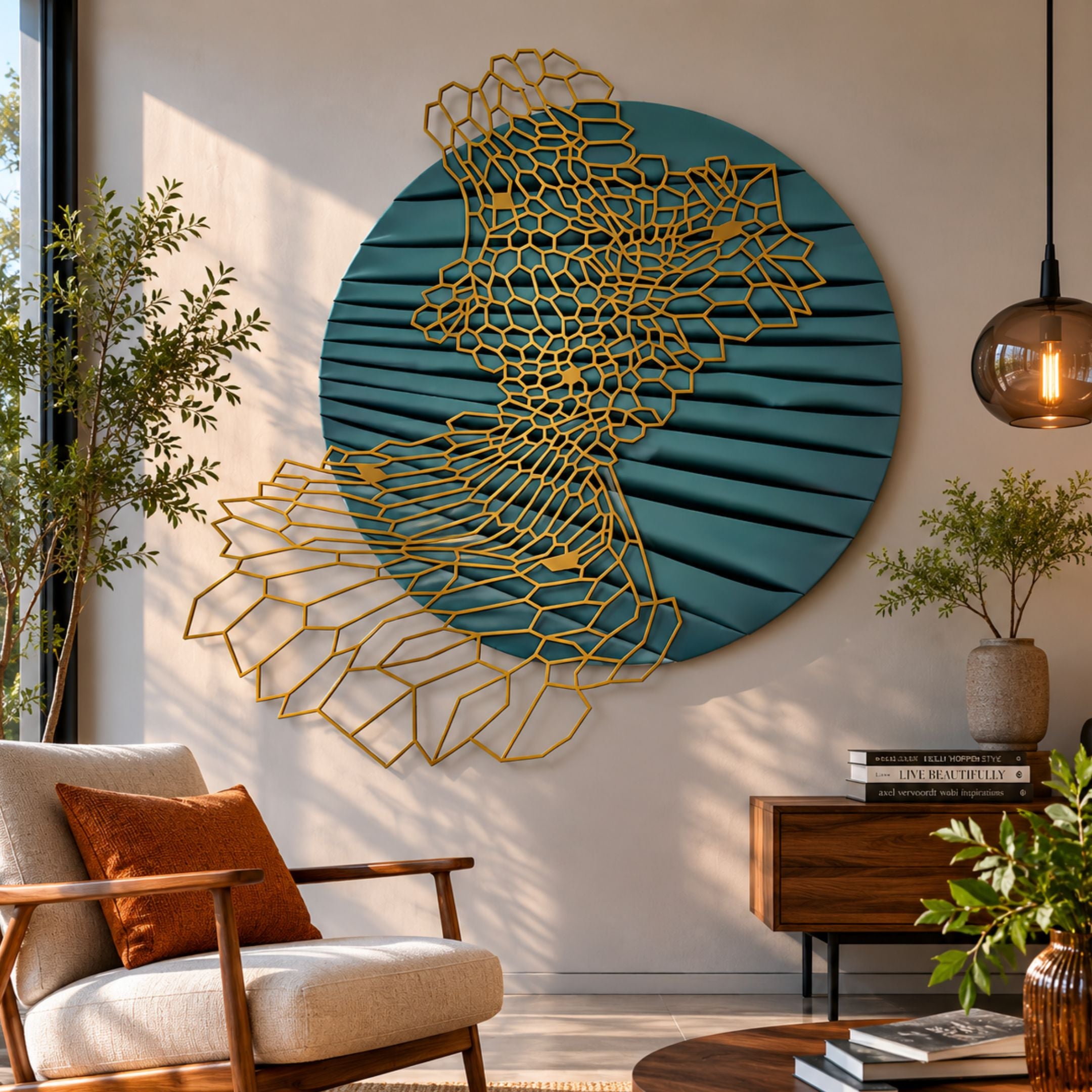 Auramesh Teal Blue-II Metal Winged Circular Geometric Wall Art by Giant Sculptures displayed above a mid-century armchair and wooden console in a sunlit living room.