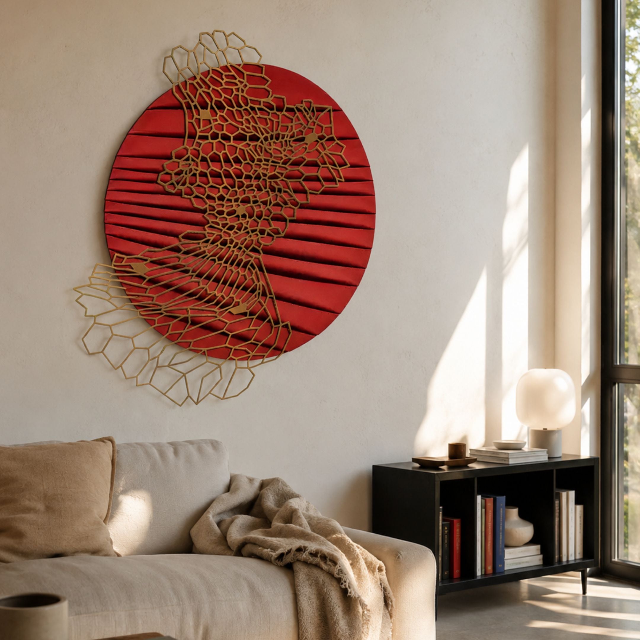 Auramesh Crimson-II Metal Winged Circular Geometric Wall Art