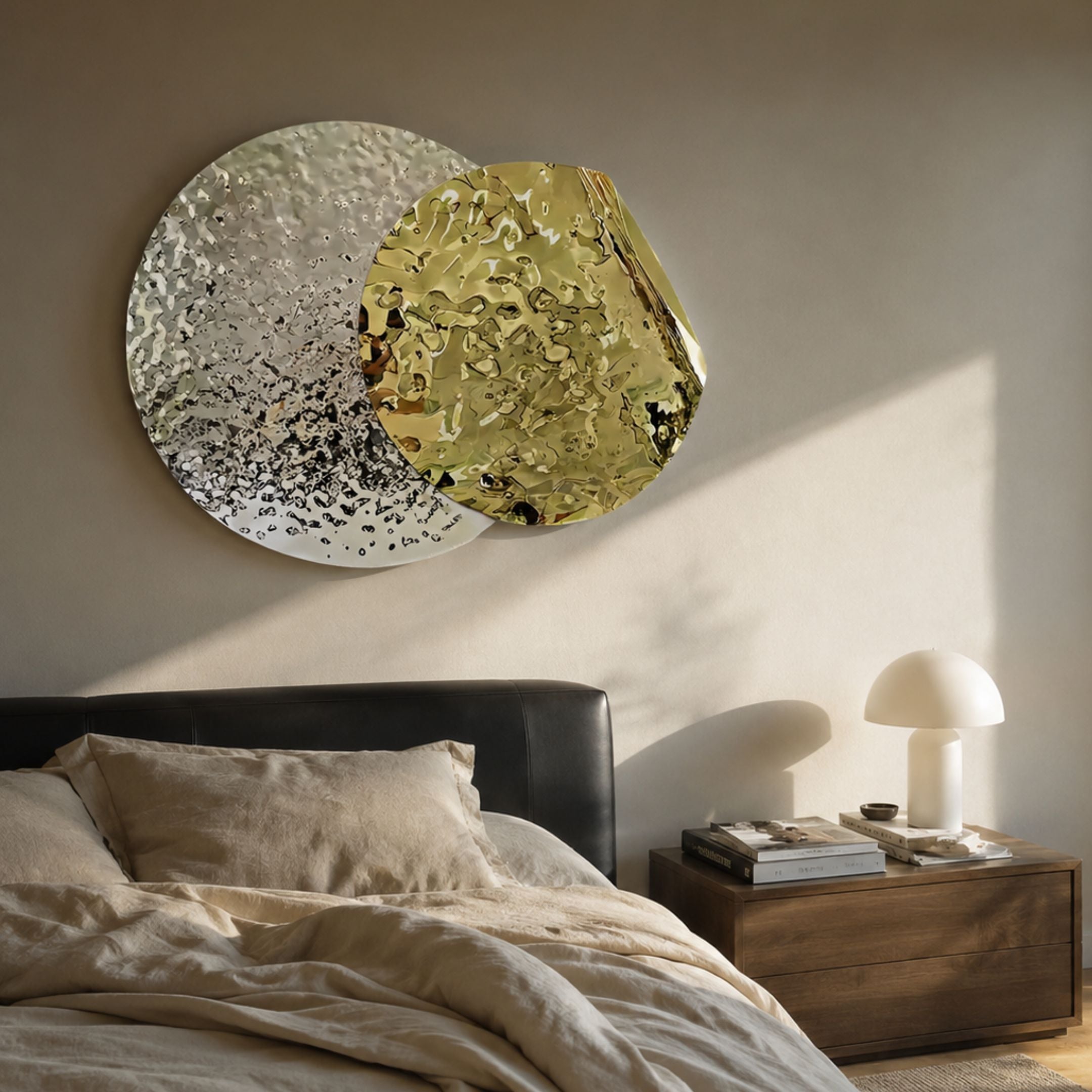 Metaluxe III Gold & Silver Dual Disc Textured 3D Wall Art by Giant Sculptures mounted above a black leather bed with linen bedding and a walnut nightstand.