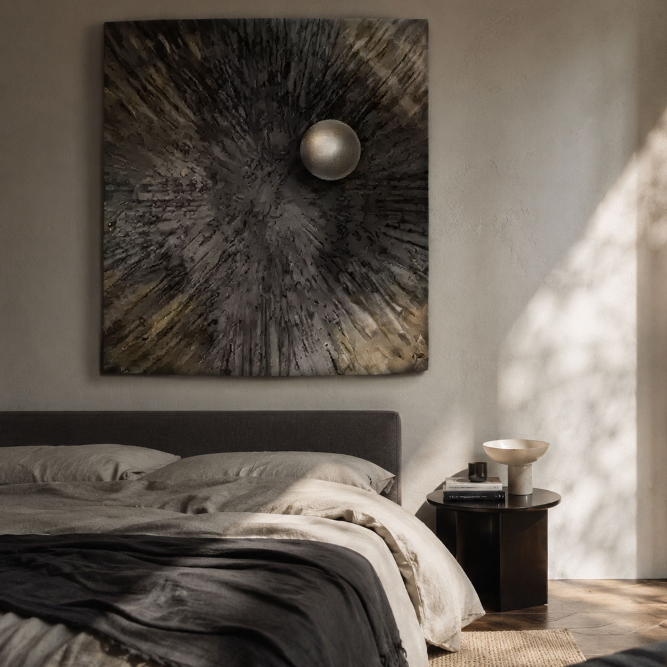 Astralis Bronze Cosmic Drift Abstract 3D Wall Art by Giant Sculptures, textured bronze panel with polished silver sphere, mounted above a dark bedroom headboard.