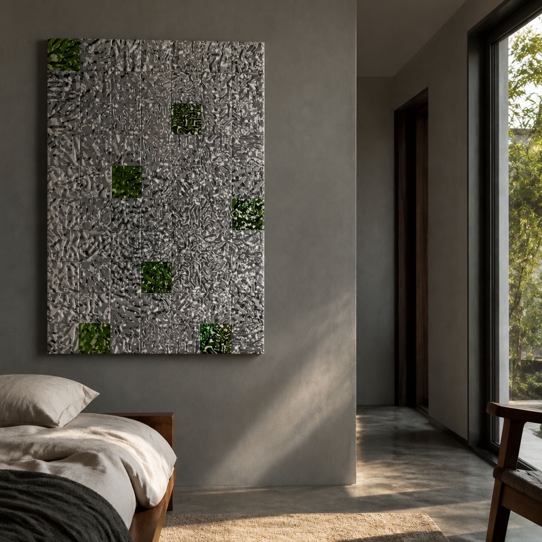 Prismatica Green & Silver Mosaic 3D Wall Art by Giant Sculptures mounted on a grey bedroom wall beside a sunlit window and wooden bed.