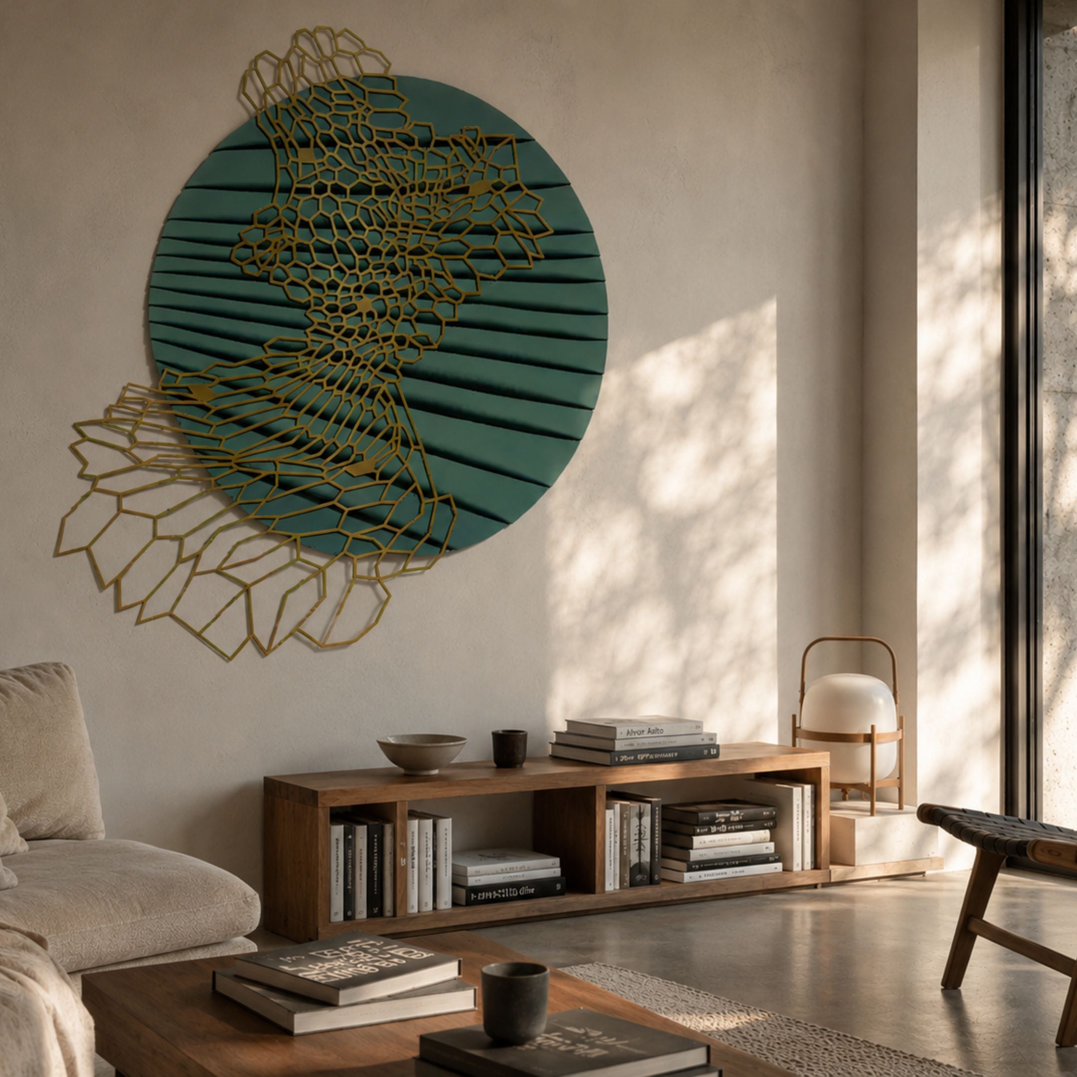 Auramesh Teal Blue-I Metal Winged Circular Geometric Wall Art by Giant Sculptures, displayed above a wooden bookshelf console in a sunlit living room.
