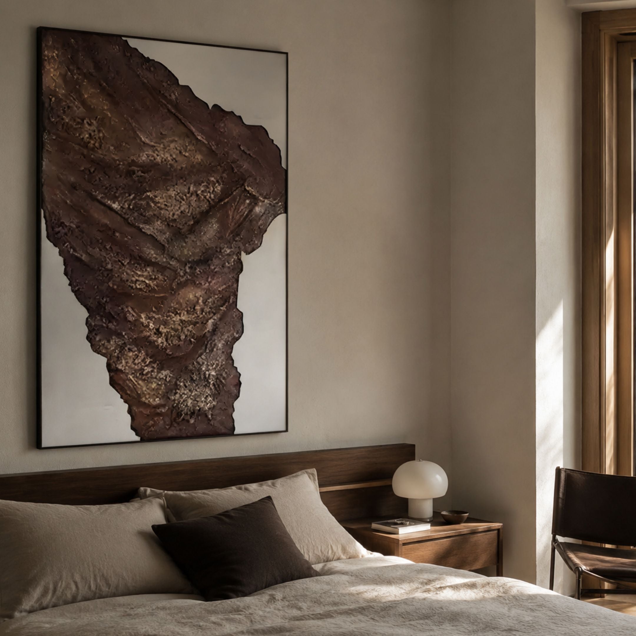Terranica Rustic Earth-Toned Textured Abstract Metal Wall Art by Giant Sculptures mounted above a walnut bed with linen bedding and a mushroom lamp.