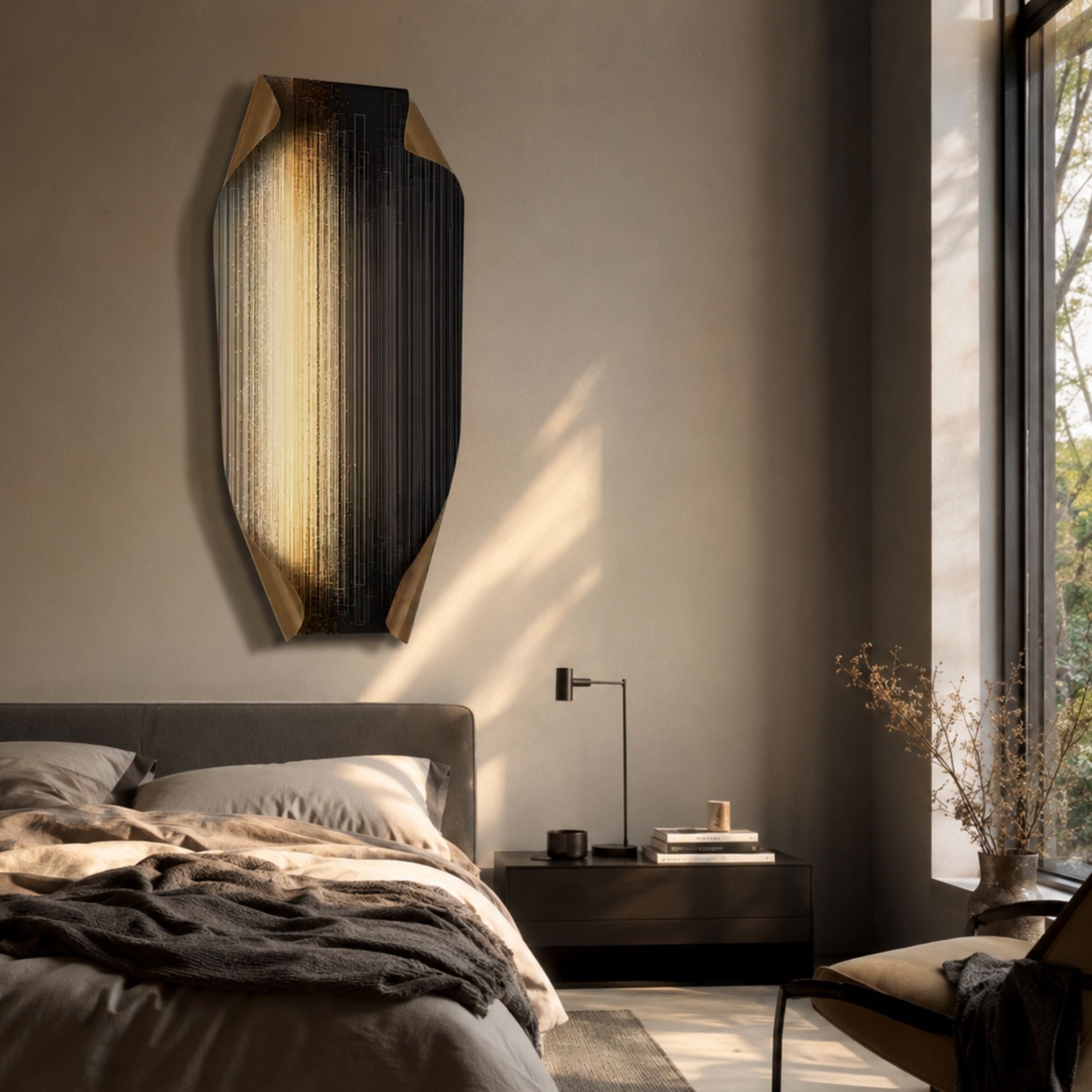 Giant Sculptures Celestial Luminous Skyline Edge folded metal wall art in black and gold above a grey upholstered bed with a dark nightstand by a window.