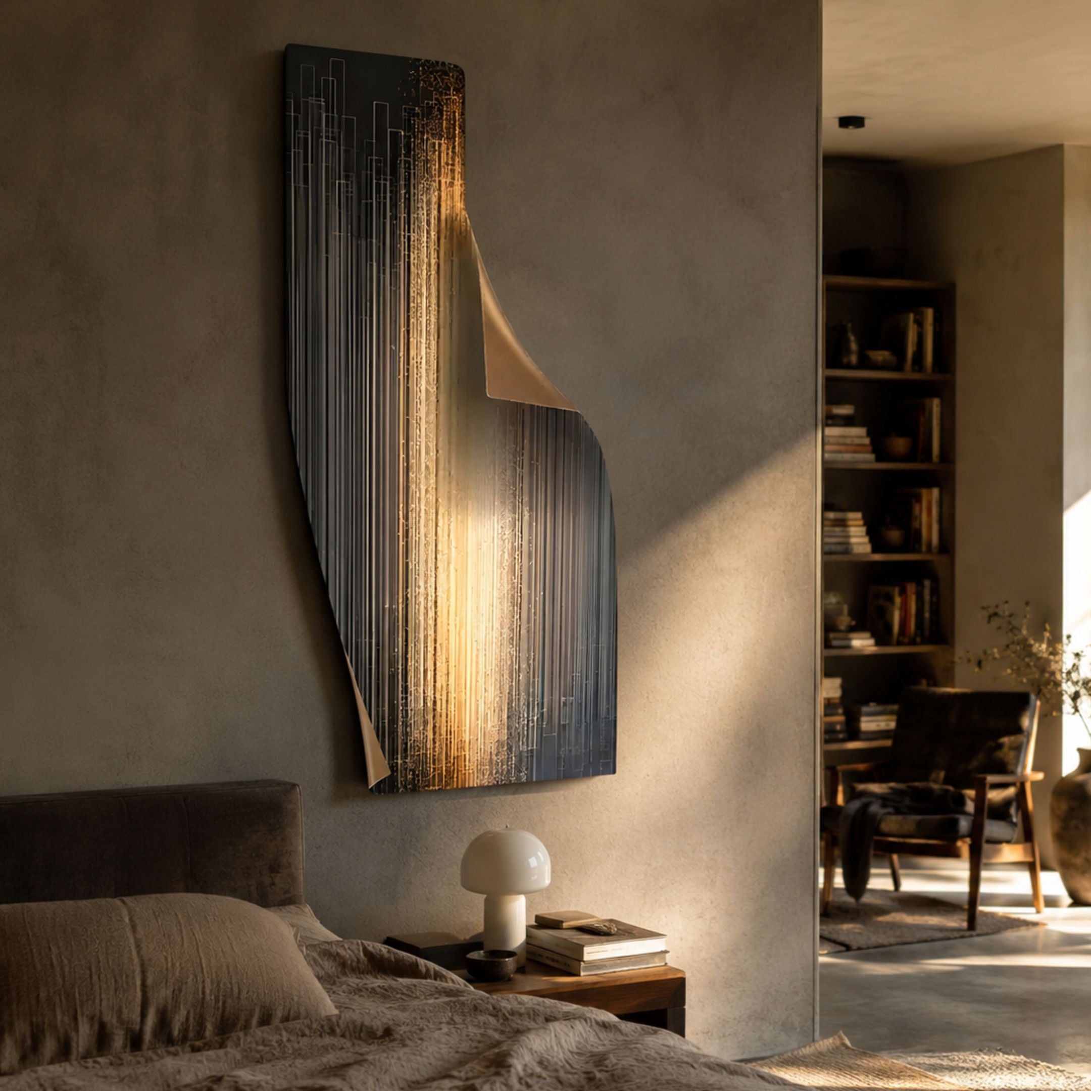 Celestial Gold Radiance Curved Angled Abstract Metal Wall Art by Giant Sculptures mounted above a bed, with black and gold linework beside a mushroom lamp.