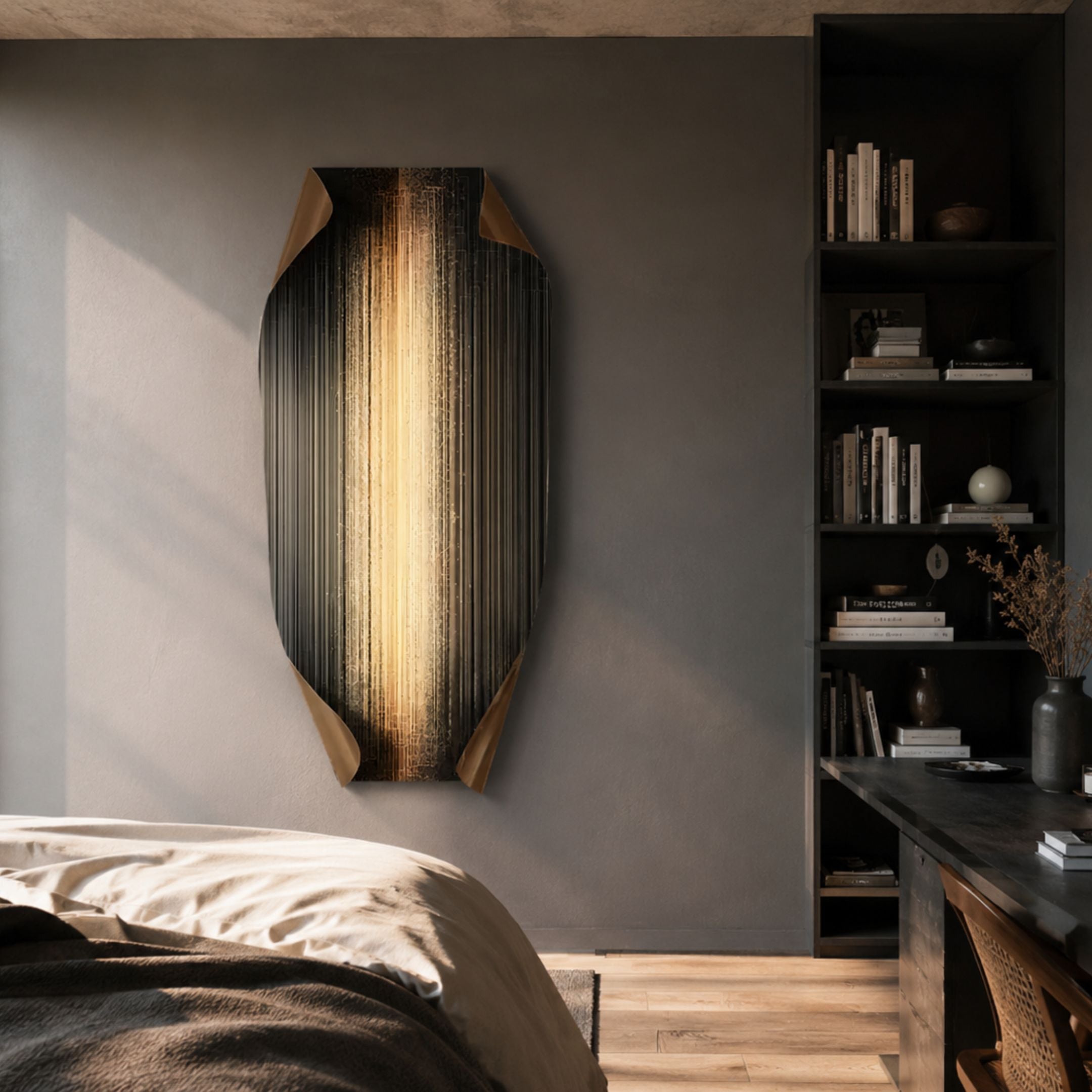 Celestial Gold Radiance Edge Folded Abstract Metal Wall Art by Giant Sculptures mounted above a bed, with black ridged body, glowing gold center and bronze folded corners.