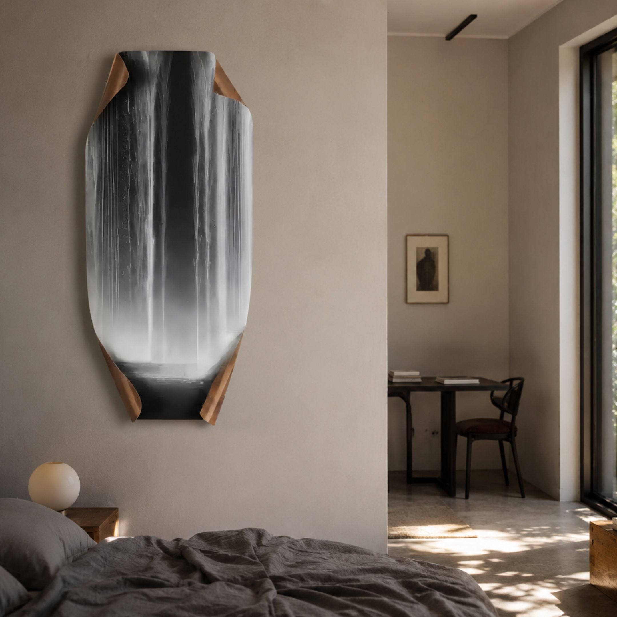 Celestial Flow Waterfall Edge Folded Abstract Metal Wall Art in black, white and gold mounted on a bedroom wall beside a desk nook.