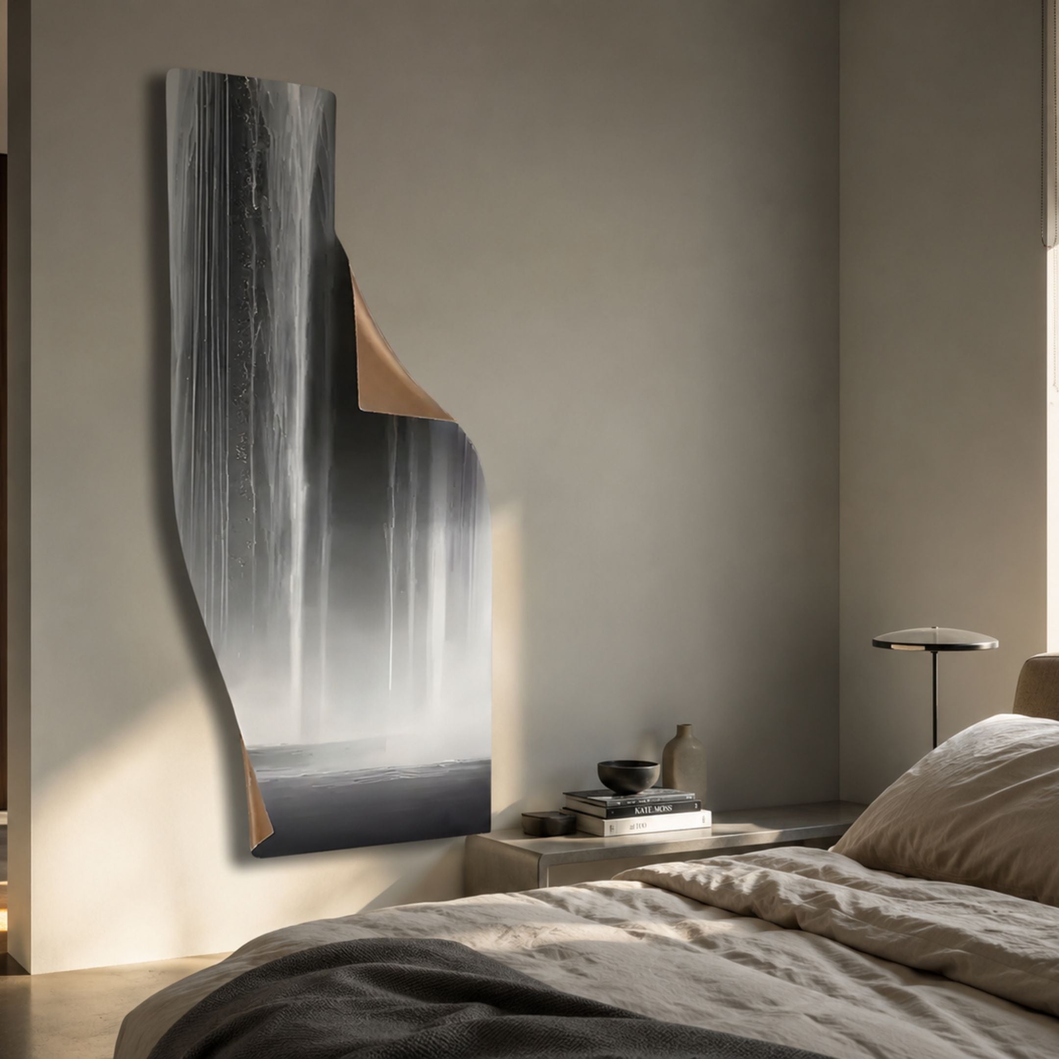 Celestial Flow Waterfall curved metal wall art in glossy black, white, and grey mounted above a bedside table in a neutral bedroom beside the bed.