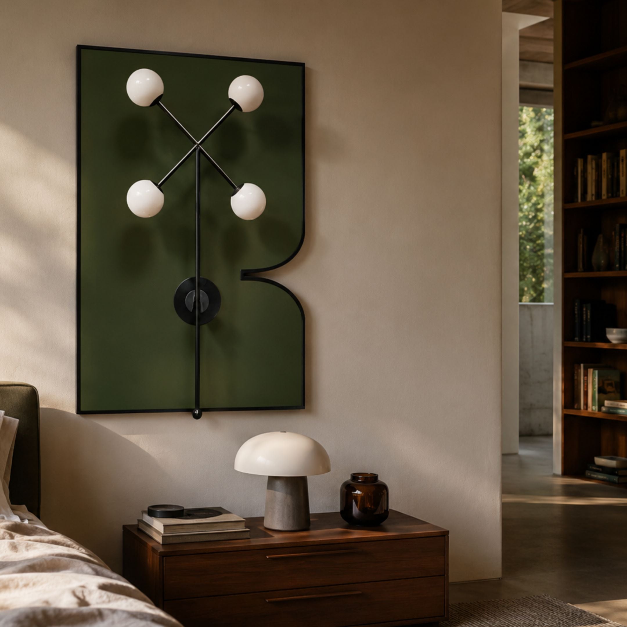 Axial Elegance Green Symmetrical Metal Wall Art by Giant Sculptures displayed above a walnut nightstand with a mushroom lamp in a sunlit bedroom.