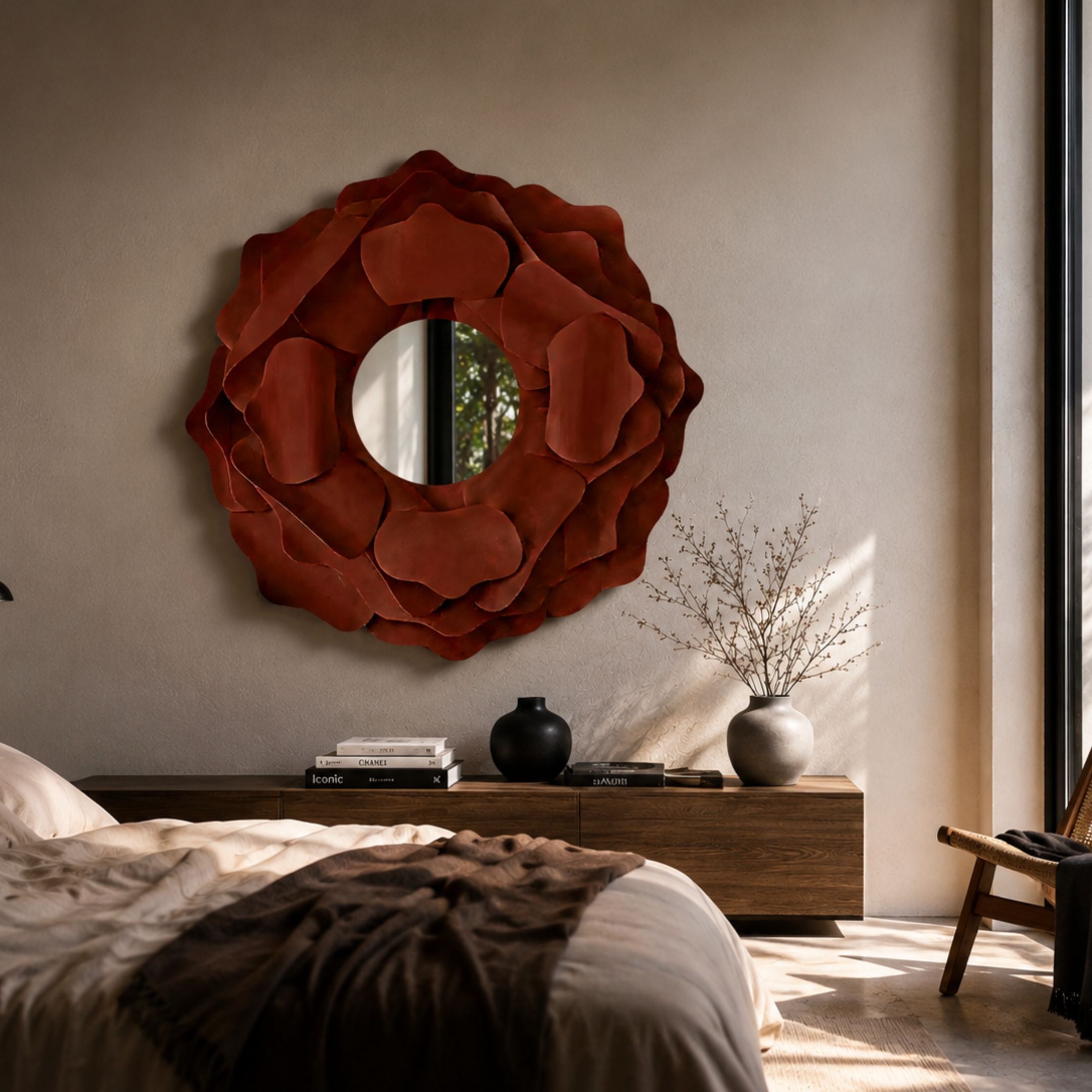 Sculptura Mirror Terracotta Red Floral Round Metal Wall Art hung above a wooden sideboard in a modern bedroom with vases, books, and soft natural light.