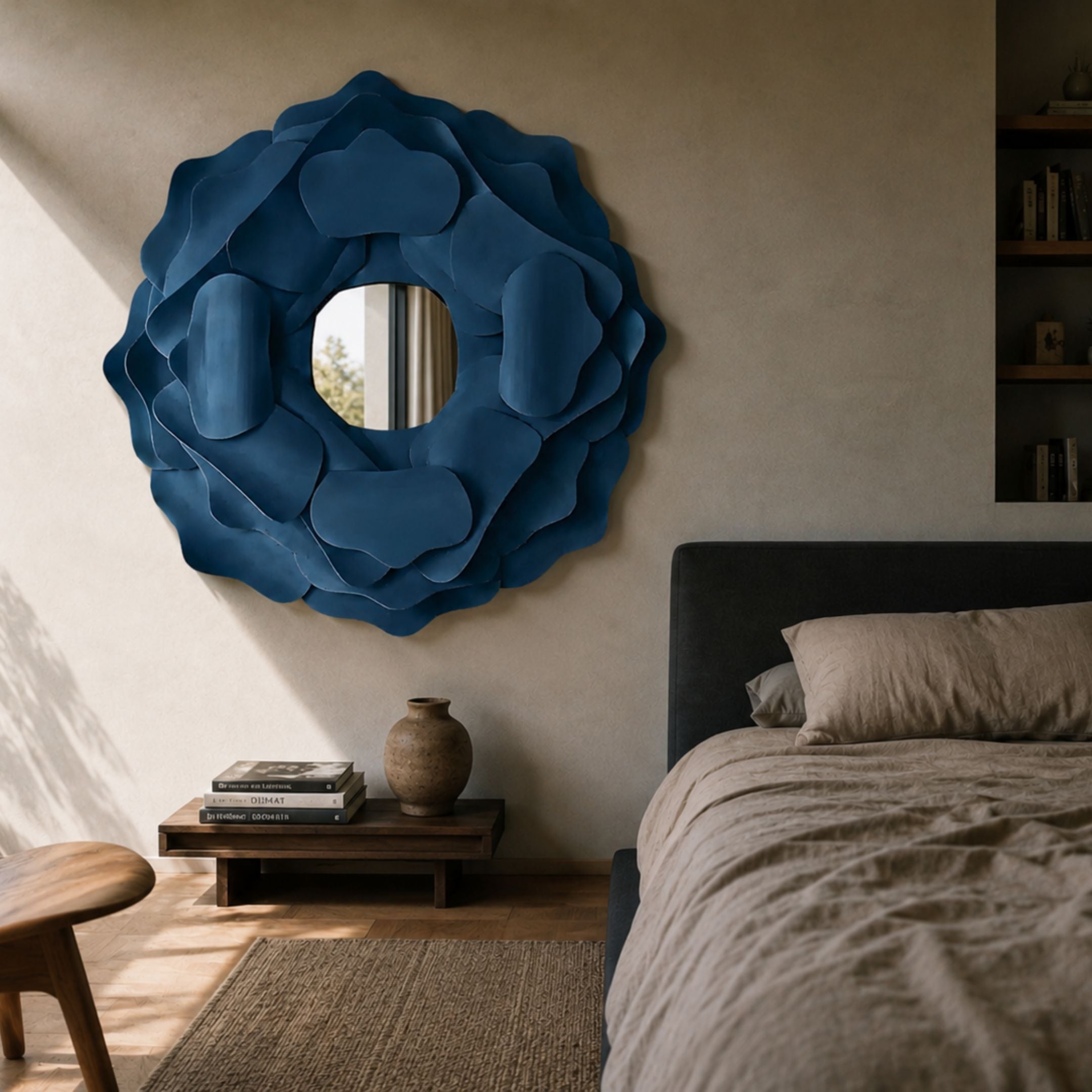 Sculptura Mirror Midnight Blue Floral Round Metal Wall Art displayed above a wooden bedside bench in a bedroom beside a dark upholstered bed.