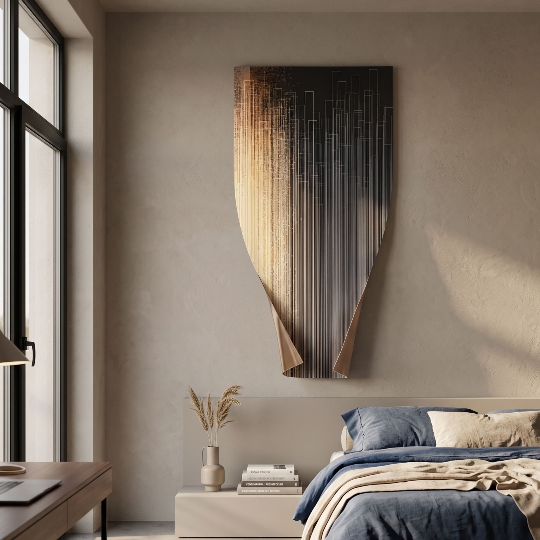 Celestial Luminous Skyline Vertical Abstract Metal Wall Art in gold and black on a curved panel, mounted above a nightstand in a neutral bedroom.