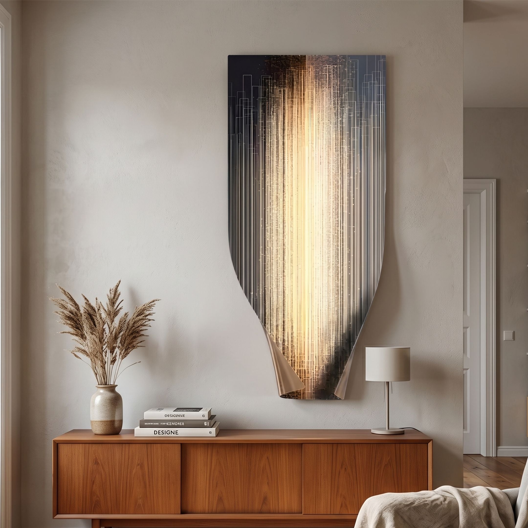 Celestial Gold Radiance Vertical Abstract Metal Wall Art by Giant Sculptures displayed above a walnut sideboard with pampas grass vase, books, and lamp.
