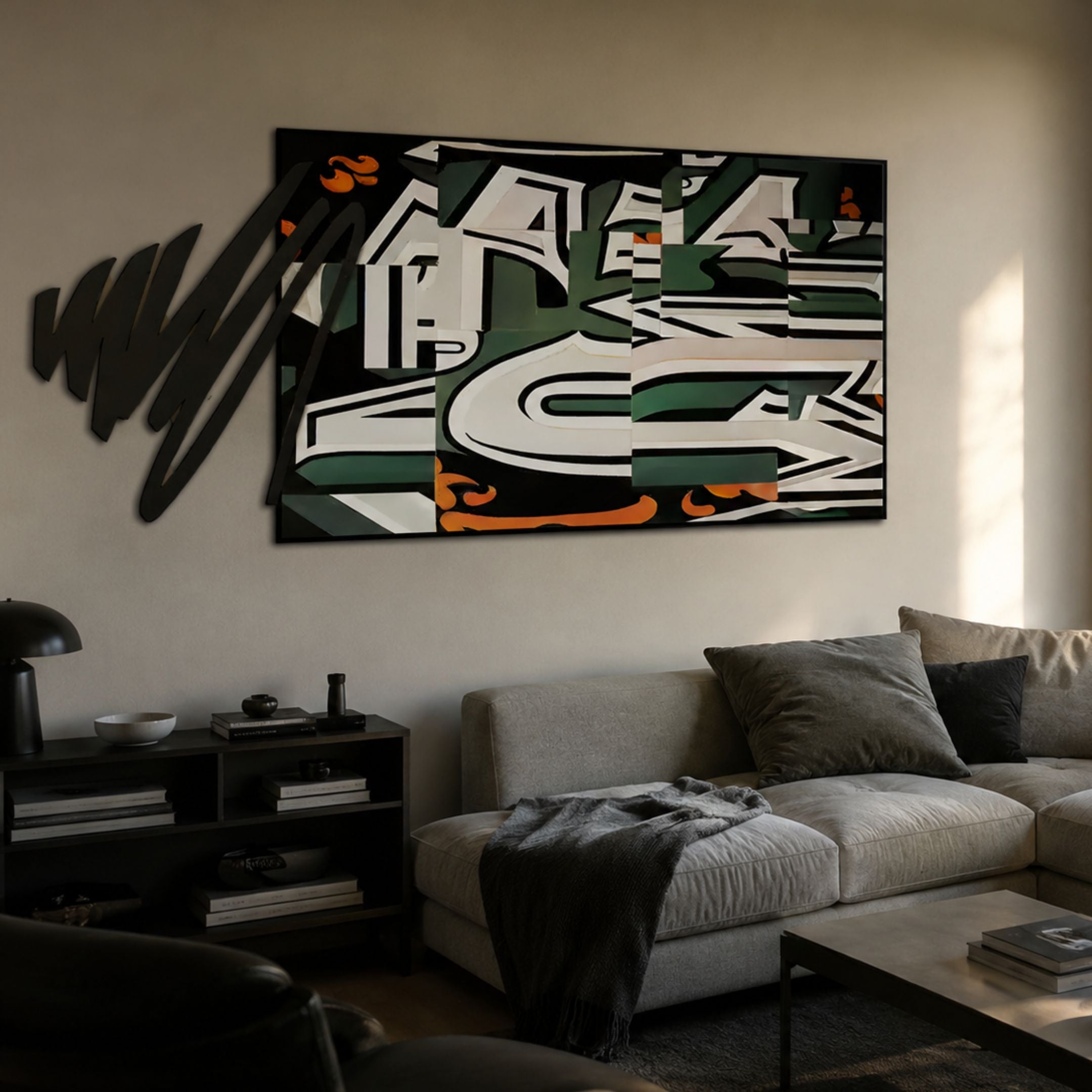 Graffio Graphic Edge Fragmented Abstract Wall Art by Giant Sculptures in black, white, green, and orange, mounted above a grey sofa in a modern living room.