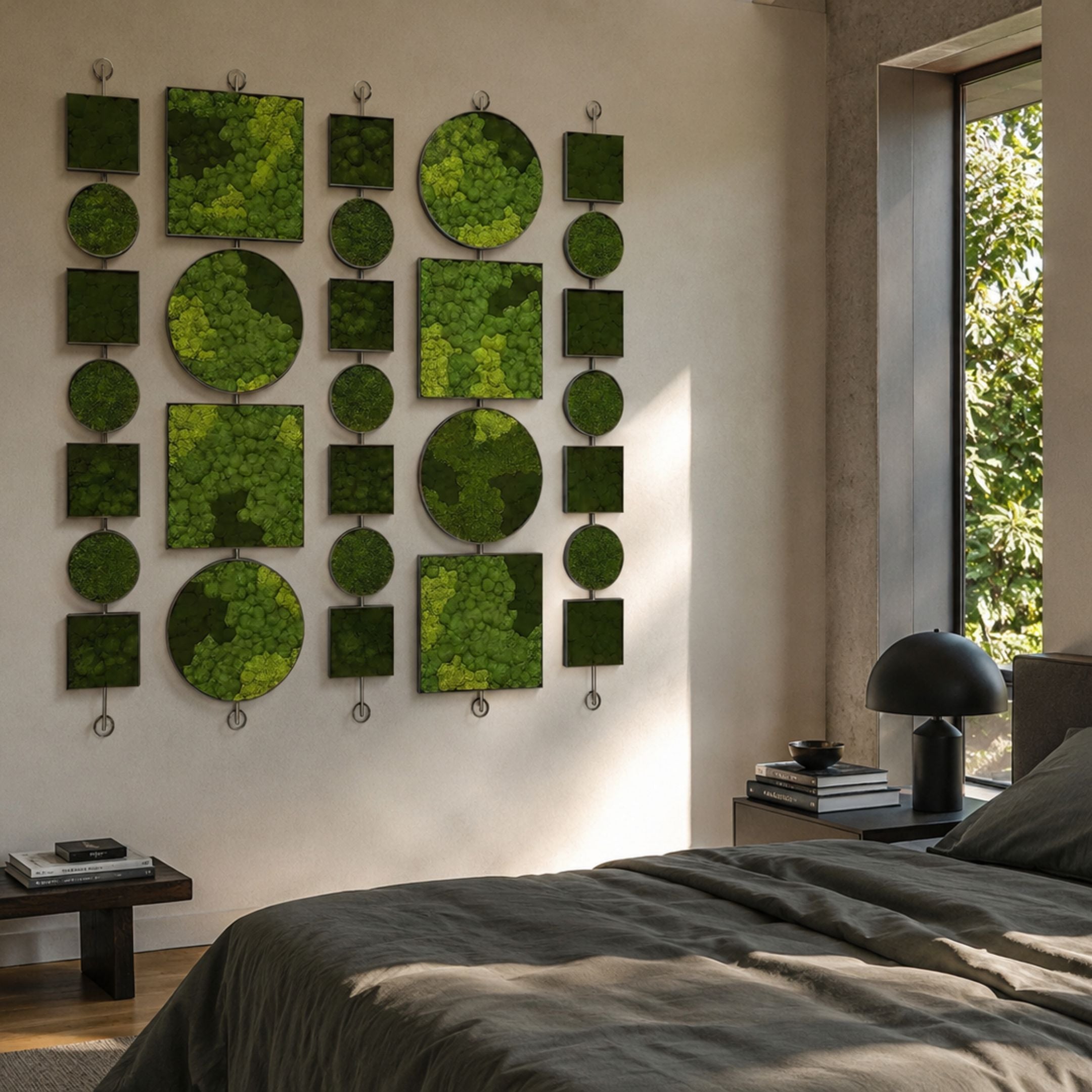 Verdant Symmetry Modular Vertical Green Plant Wall Art by Giant Sculptures, preserved moss squares and circles on iron rods, mounted in a sunlit bedroom.