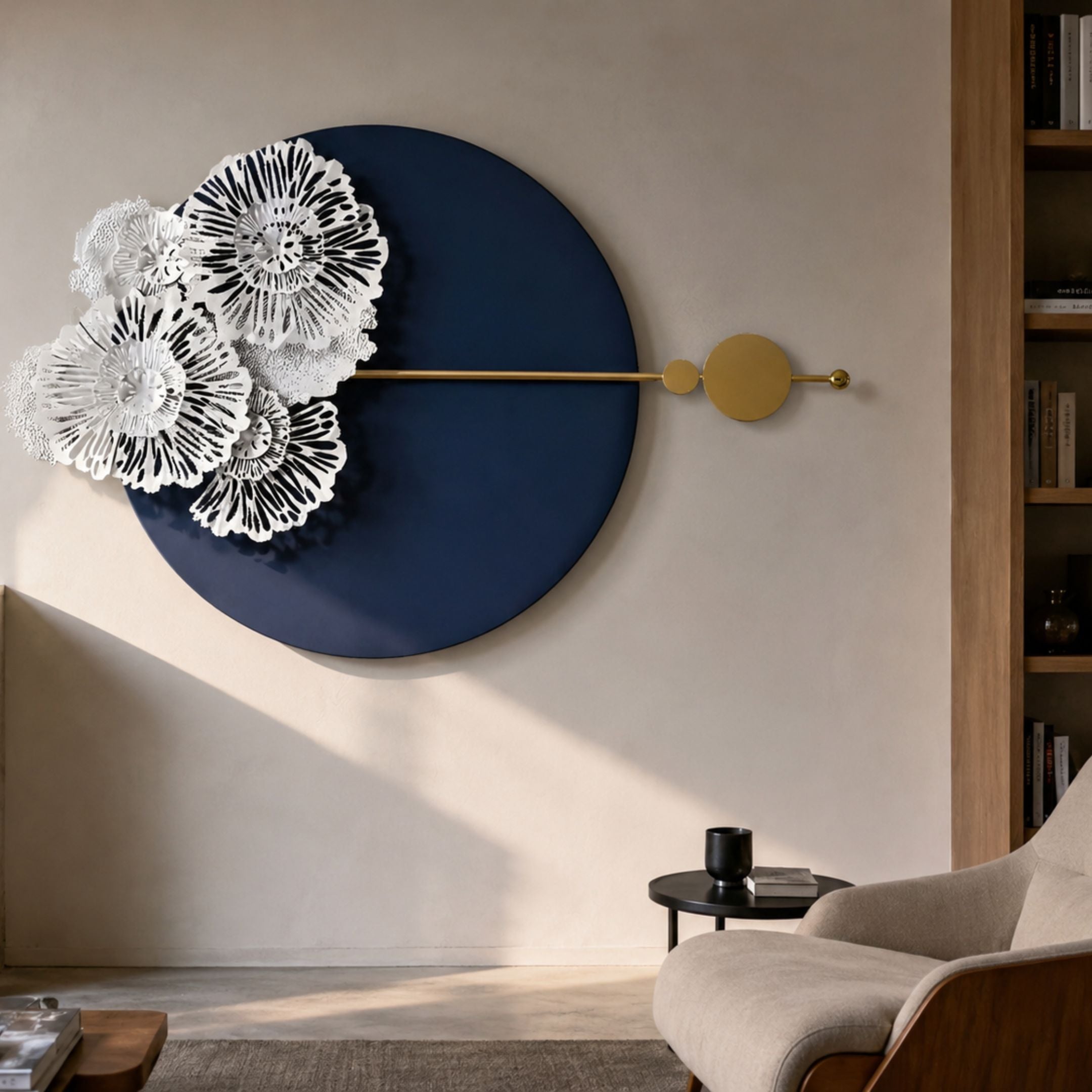 Blossom Halo Midnight Blue Round Floral Decorative Wall Art by Giant Sculptures displayed on a cream living room wall above a side table and armchair.