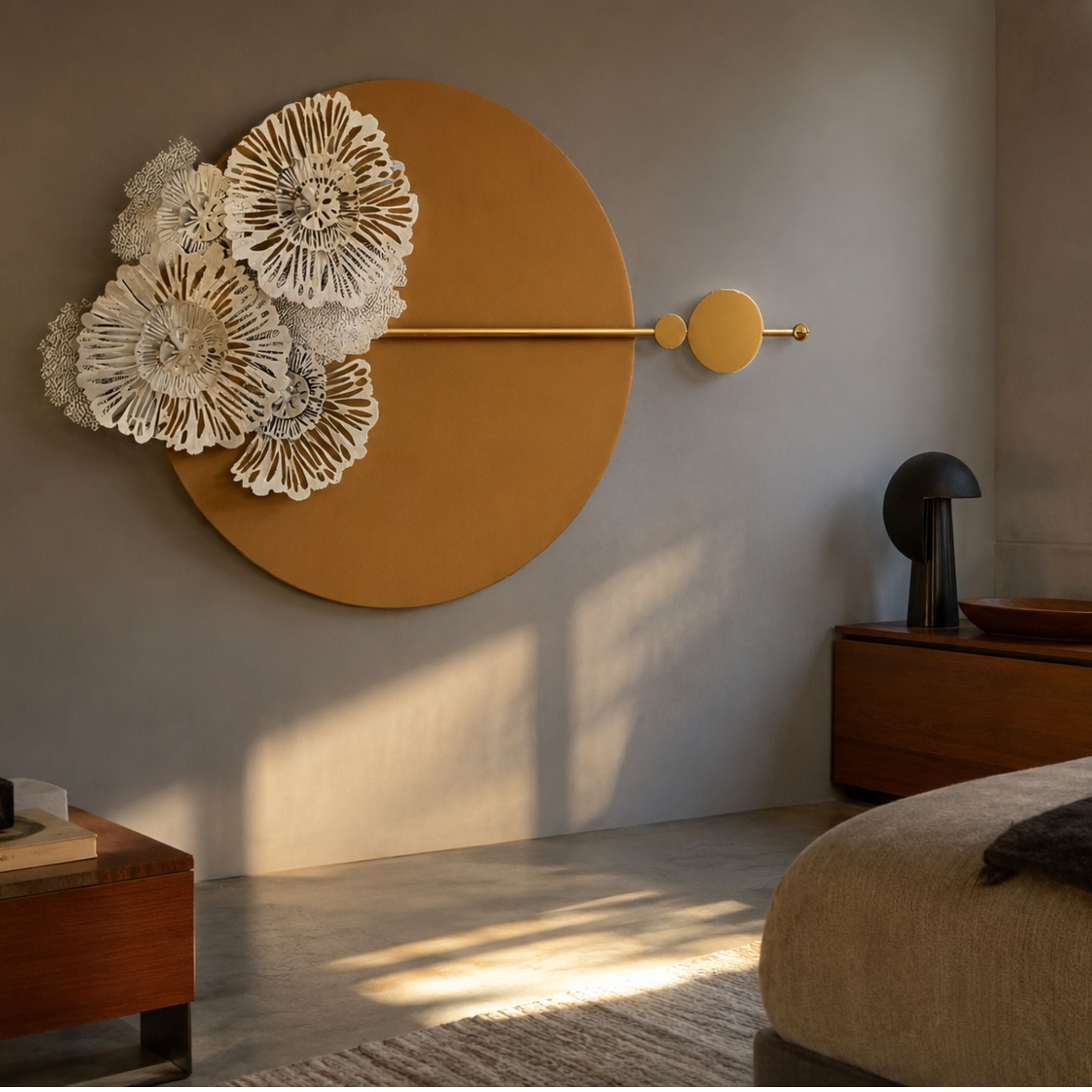 Blossom Halo Golden Bloom Round Floral Decorative Wall Art mounted in a sunlit bedroom, with ivory blooms on a gold disc and slender rods extending right.