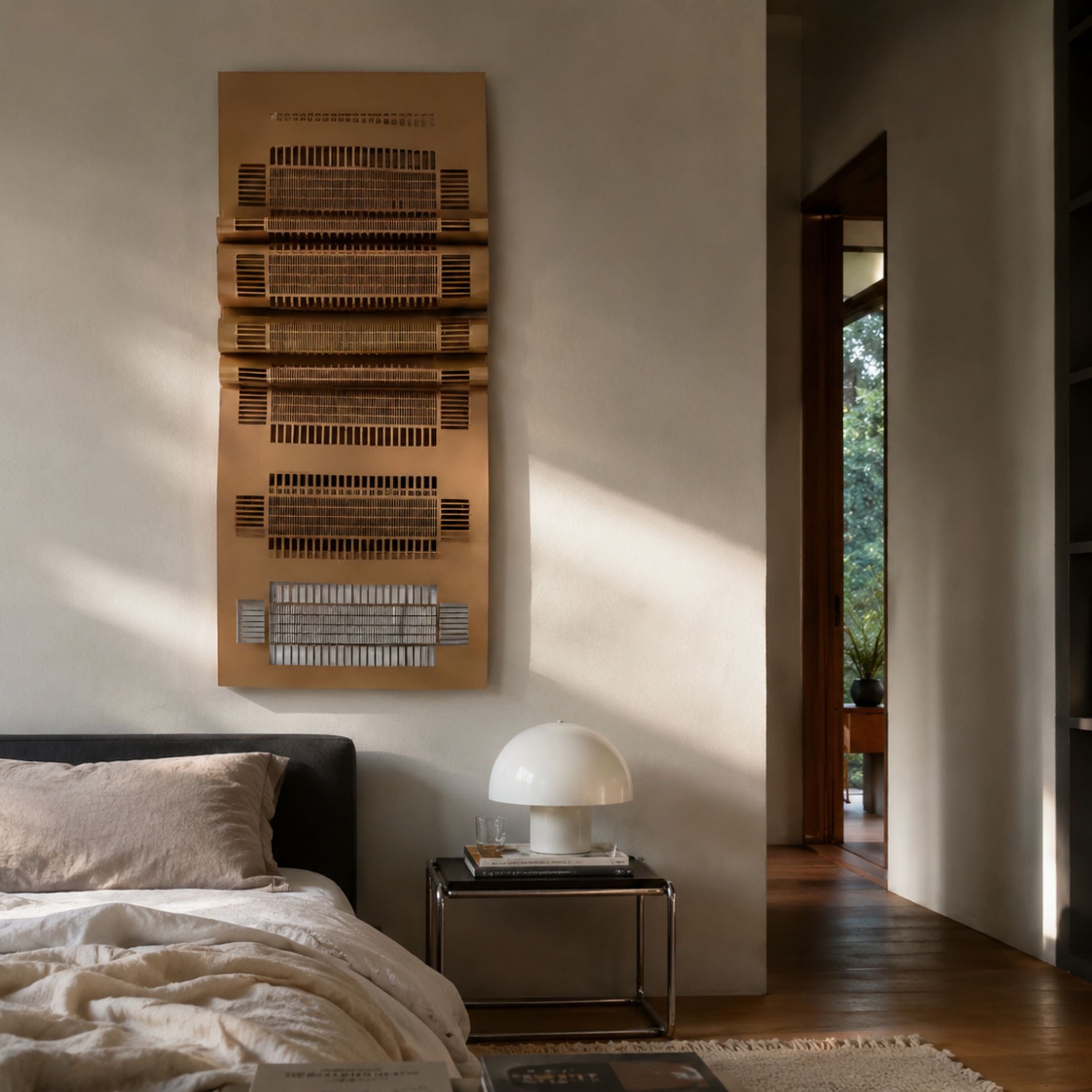 Strata Brown Vertical Folded Grid Metal Wall Art by Giant Sculptures, stacked gold panels with a silver base panel, mounted above a bed beside a dome lamp.