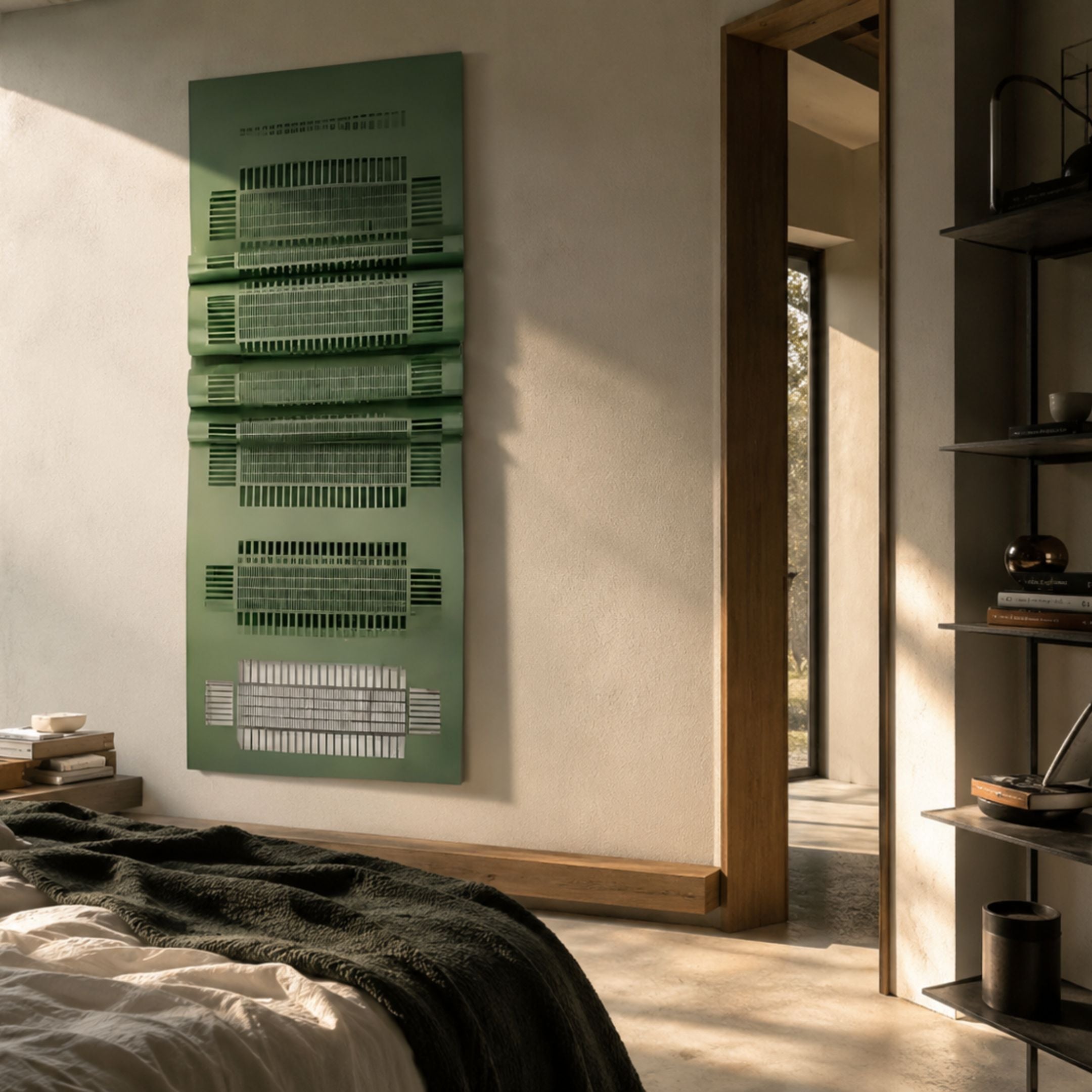 Strata Green Vertical Folded Grid Metal Wall Art by Giant Sculptures mounted on a cream bedroom wall beside a wooden doorway, above a bed with dark green throw.