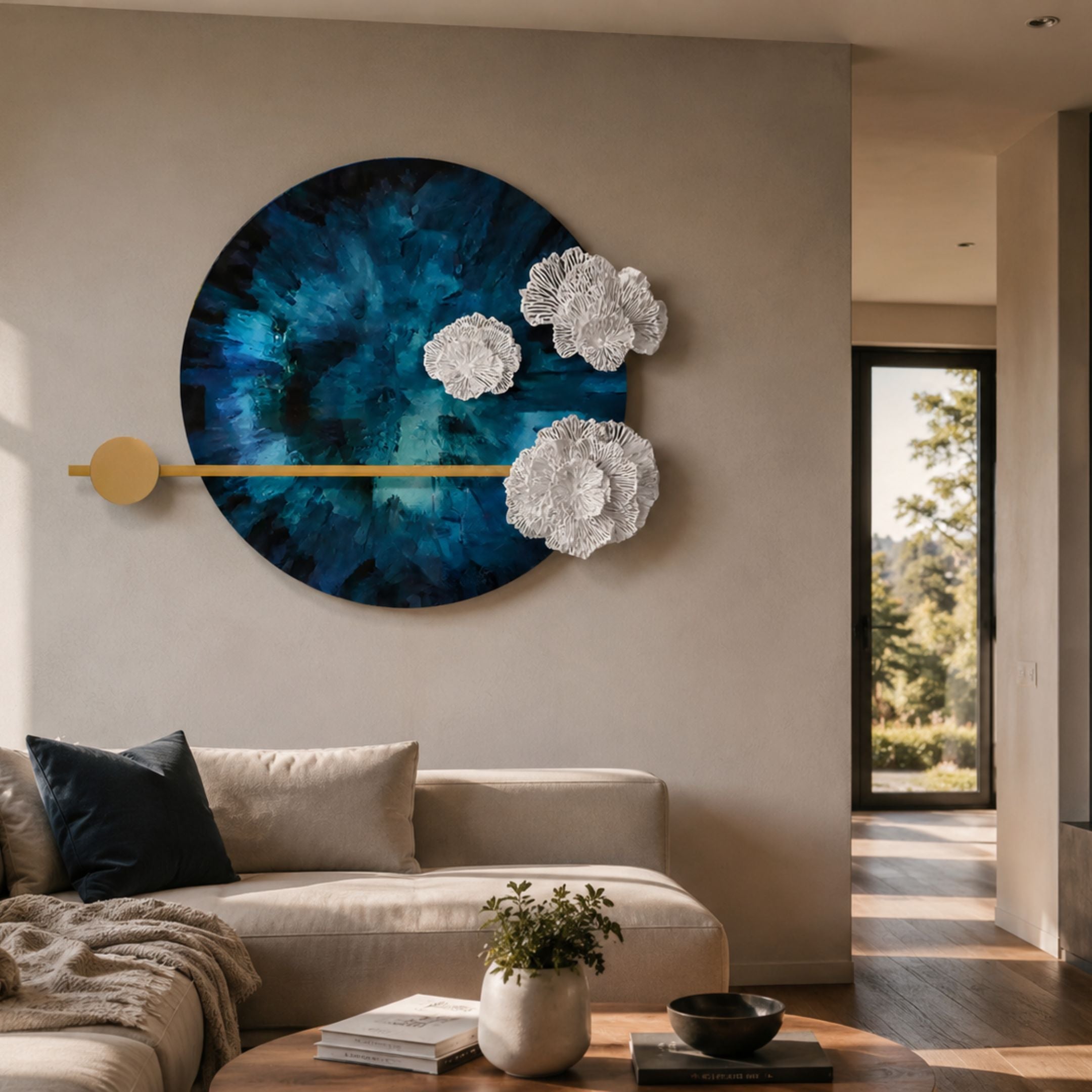 Nova Floral Radiant Azure Circular Wall Art by Giant Sculptures mounted above a beige sofa, featuring deep blue disc, white floral forms, and a gold bar.